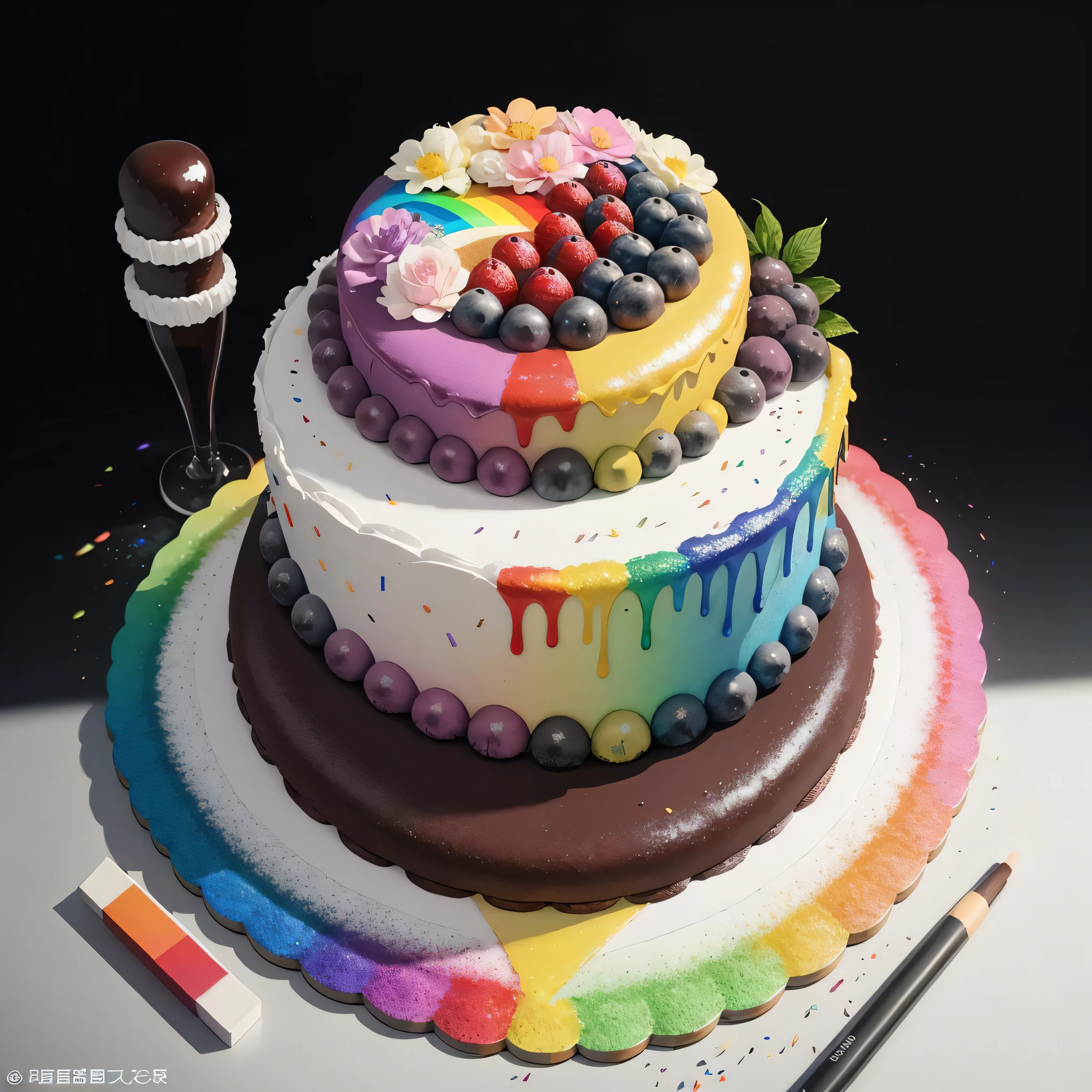 a very beautiful rainbow cake, white cake, colorful gay cake, ultra realistic 8k cg, epic, ((rich, prestige)), perfect artwork, masterpiece rainbowing,(color grading:1.5), empty background, chocolate, clean, round, perfect cake, center frame, hasselblad photography, bright colorful, global illumination, ray traced, raytracing, the best cake ever made, creative, art, in the background very dark black abyss, (flowers:0.6), immaculate