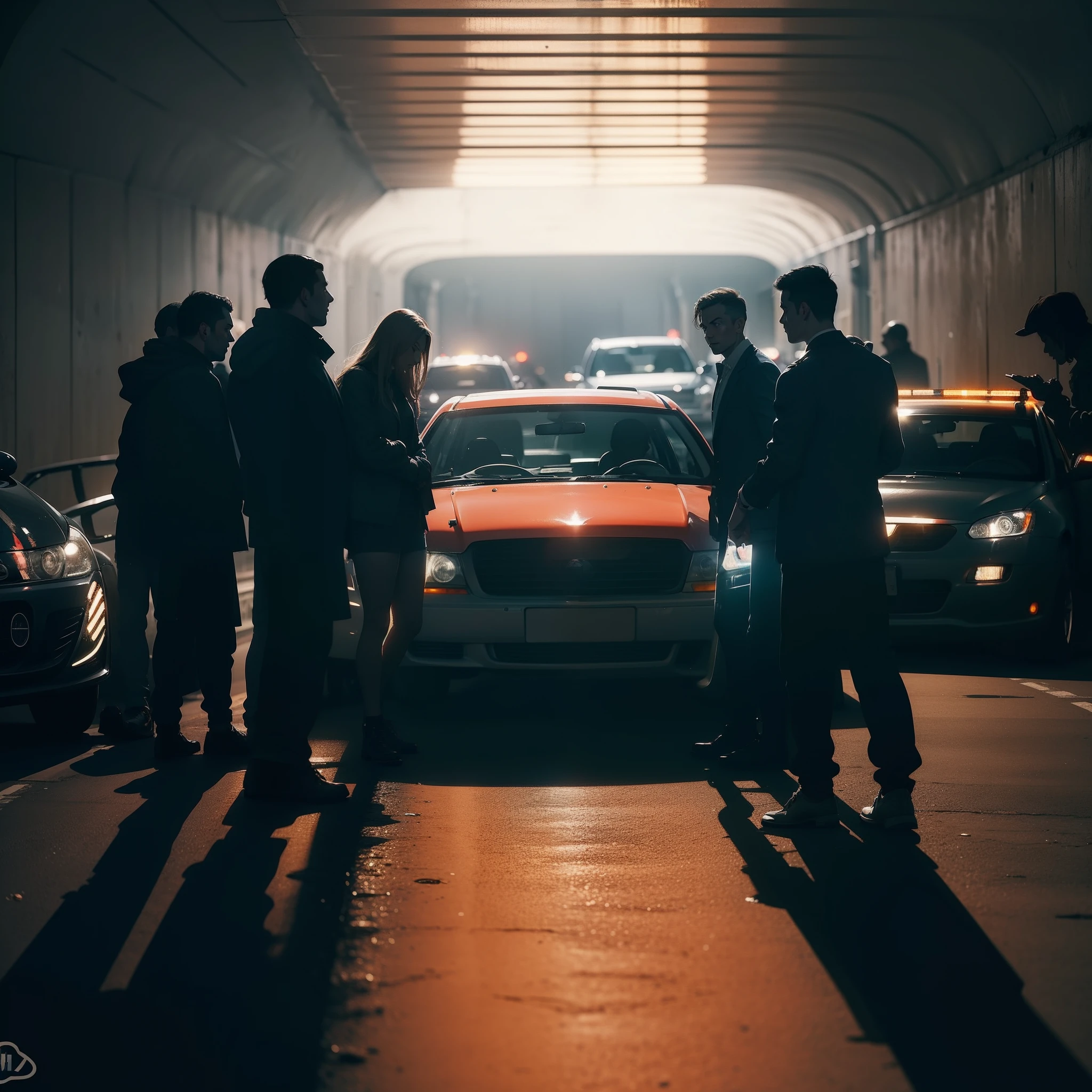 group of people finding cars in a tunnel, Underground, with an impressive cinematic style, em um encontro de rua repleto de carros modificados, sintonizados, com detalhes ultra detalhados. Introduce an inspiring woman and charismatic men.