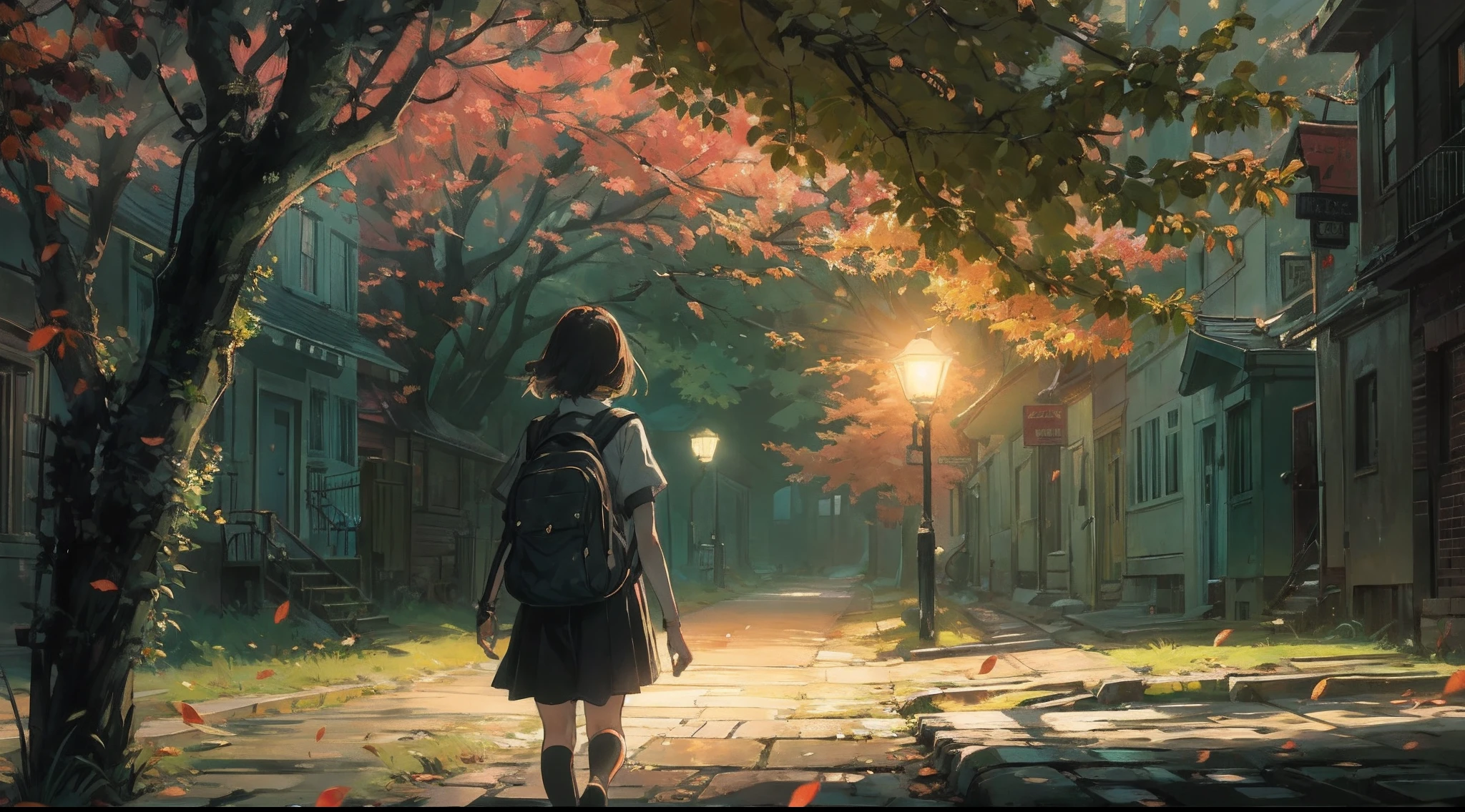 Emily, a timid teenage girl, walks alone from school late in the day. Image: A young girl with a backpack walking along a deserted street, the setting sun casting long shadows behind her.The streetlights flicker ominously, casting long, distorted shadows along the empty road. Image: A dimly lit street with flickering streetlights, the elongated shadows creating an eerie atmosphere.A sudden gust of wind rustles the leaves overhead, sending a chilling whisper through the air. Image: Tree branches swaying violently, leaves rustling in the wind, creating an unsettling sound.At night.
