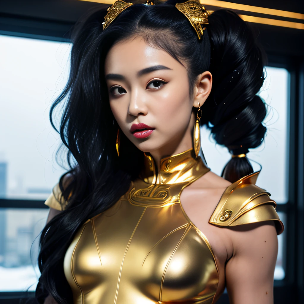 Window revealing outer space and a comet passing by slowly, beautiful cyberpunk Asian woman with long black hair tied in a top knot with a gold ribbon wearing a white and gold thong bikini:: or nude:: Or semi-nude:: Gold Garter belt and tall red leather boots::topless" braided red hair::braided black hair:: short blue Mohawk hair cut