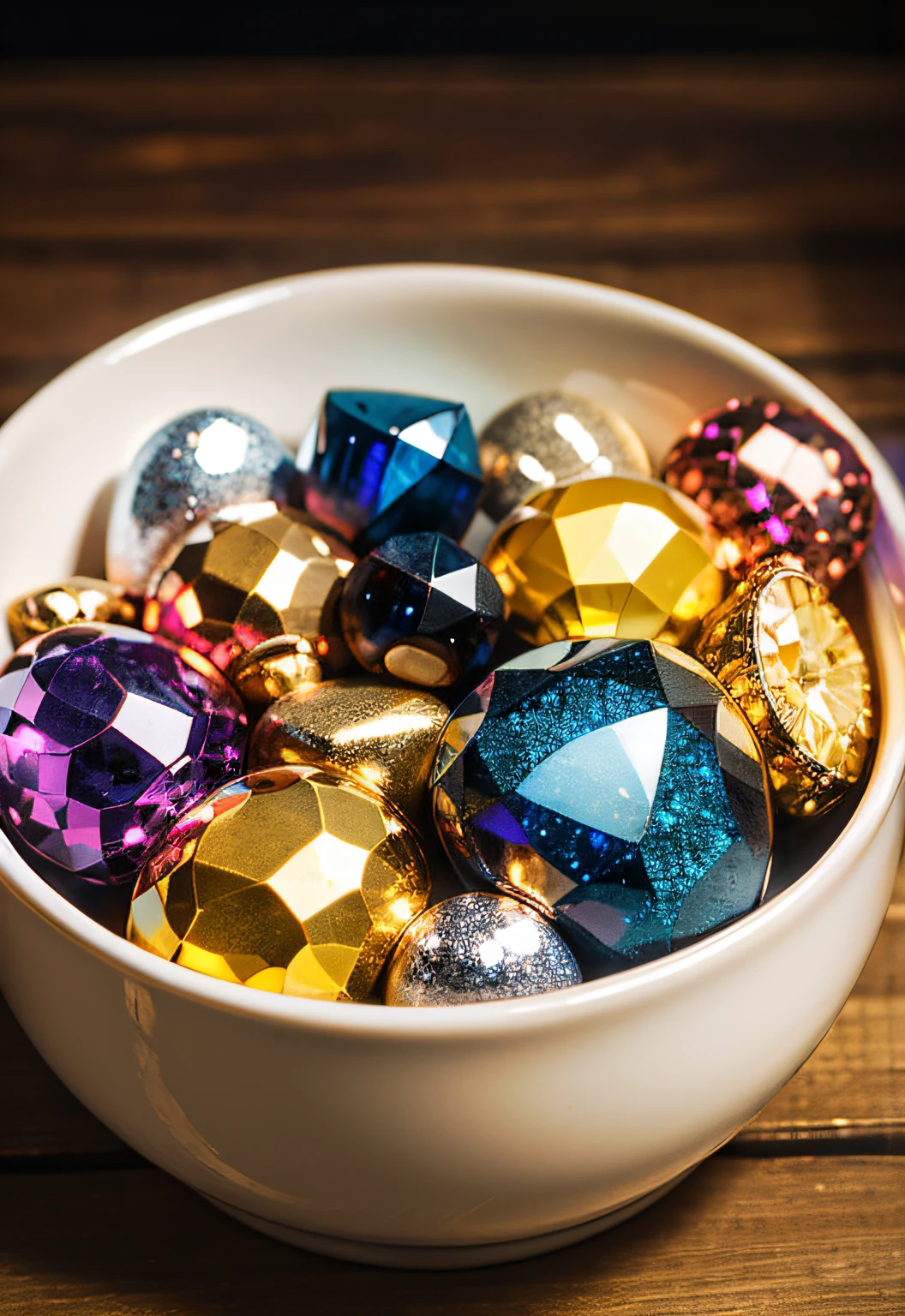 masterpiece、top-quality、top-quality、(Close up photo of colorful gemstones shining in artistic container)、ighly detailed、colourfull、highestdetailed