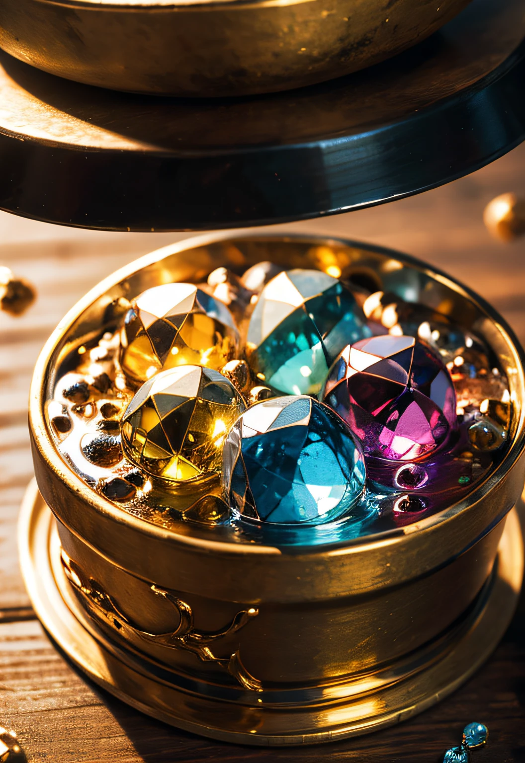 ​masterpiece、top-quality、top-quality、(Close up photo of colorful gemstones shining in artistic container)、ighly detailed、colourfull、highestdetailed