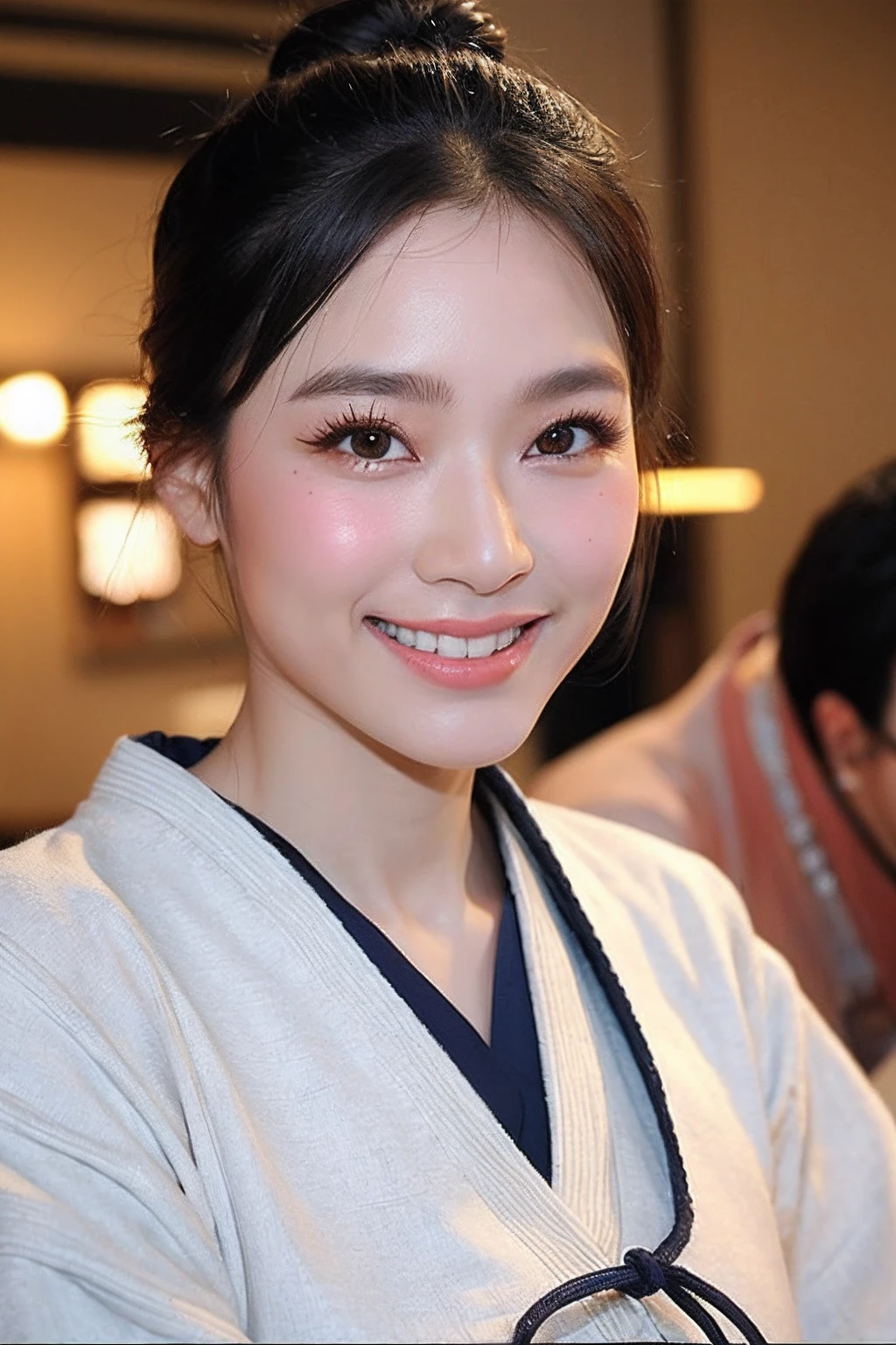 (extra detailed body、extra detailed face、best qualtiy:1.2)、femele、looking at the viewers、(Awa Odori、a smile)、(Koenji in the background:1.4)