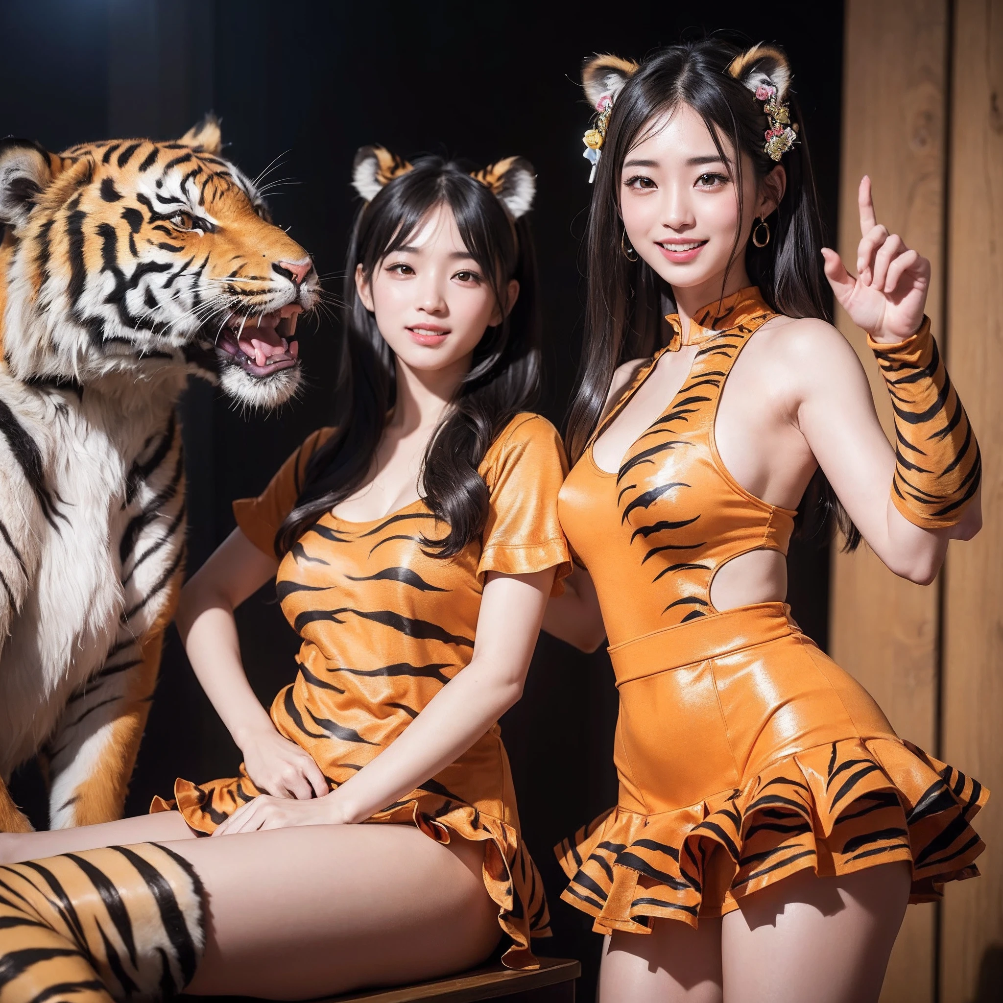 (8K、RAW Photos、top-quality、masterpiece:1.5)、(realisitic、Photorealsitic:1.5)、ultra-detailliert、超A high resolution、lighting like a movie、(((Idols who love tigers)))、(((Japan girls)))、(((Wearing a cute costume with a tiger motif)))、(A lot of tigers:1.5)、cute smile face、Happy and energetic atmosphere、dynamic ungle、动态照明