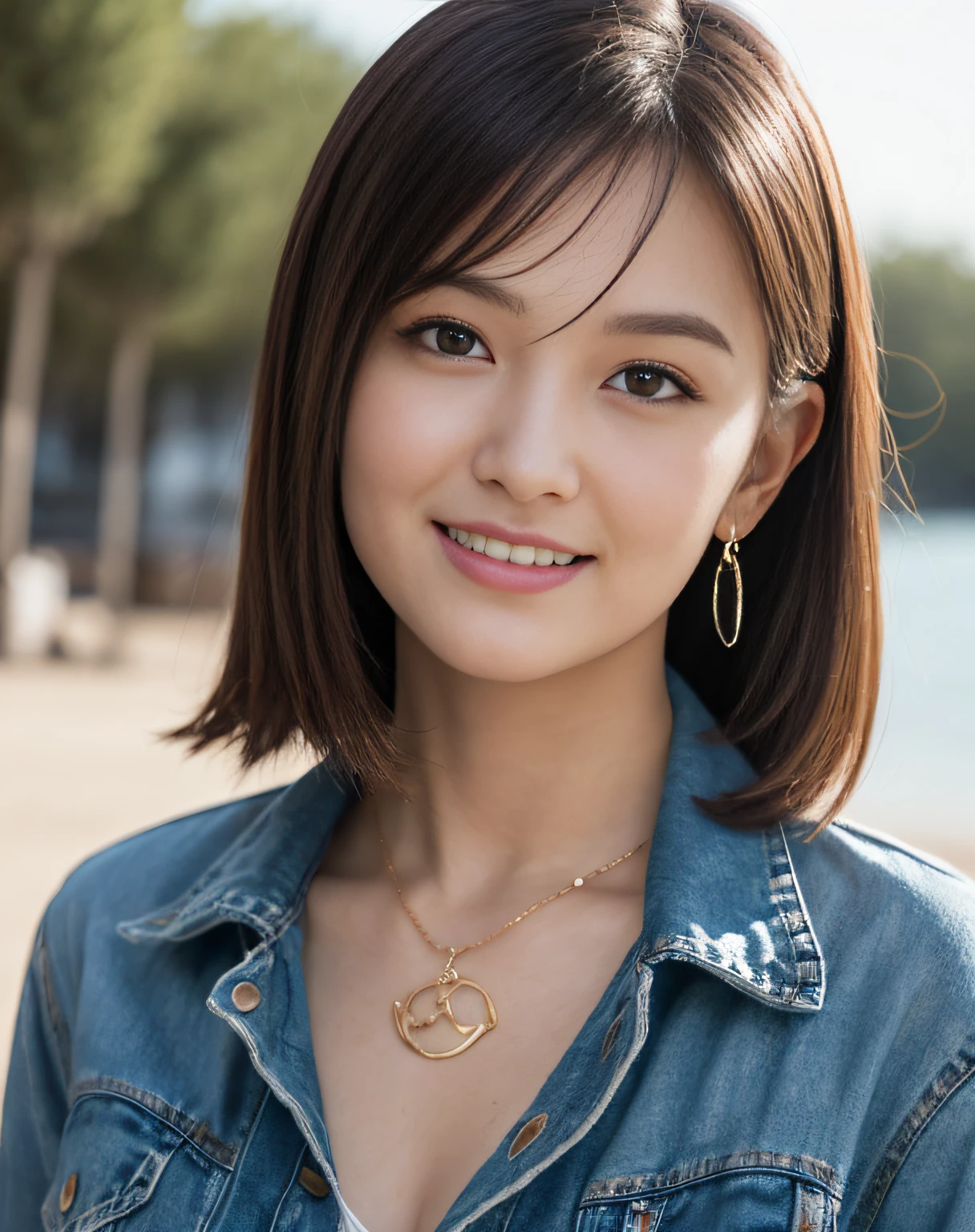 (8k, RAW photos, top quality, masterpiece: 1.2), ultra detail, ultra high resolution, (realistic, photoreal: 1.37), high definition RAW color photos, professional photos, depth of field, bokeh, realistic shadows, caustics, natural shading, photon mapping, movie lighting, HDR, Canon 50mm f1.2, ISO100, 1/250 sec shutter, Very delicate and beautiful, highly detailed 8k wallpaper, amazing, detailed, huge file size, highly detailed cg Unity 8k wallpaper, official art, perfect artwork, production art, very detailed beautiful girl, very detailed face, very detailed eyes, very detailed skin, very detailed fingers, very detailed nose, very detailed mouth, perfect anatomy, very detailed background, Highly detailed clothes, very complex details, 1 girl, (20 years old:1.2), cute girl, famous Japan idol, cute, (large: 1.2), cleavage, realistic body, petite, fair skin, (slender figure), good figure, (light brown hair: 2), medium straight hair, (dull bangs: 1.2), smile, cute, young, cute face, Cute face, realistic face Beautiful detailed eyes, drooping eyes, beautiful big eyes, big black eyes, beautiful clear eyes, (white micro bikini: 1.2), (very short denim pants: 1.5), necklace, earrings, looking at the viewer, (cowboy shots: 2), facing the front (sexy pose: 1.6), contrapposto, (resort beach: 1.5), soft lighting,
