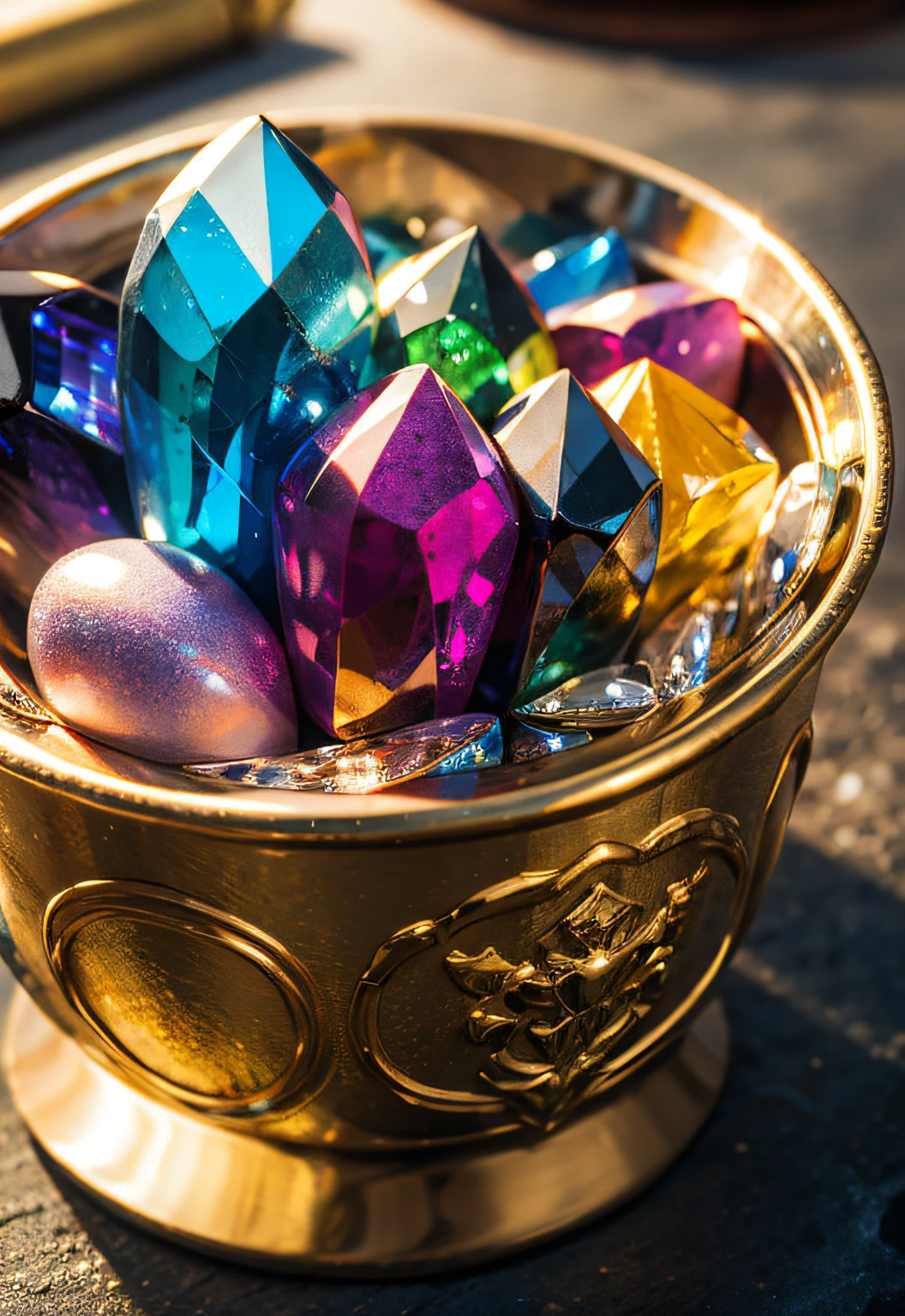 masterpiece、top-quality、top-quality、(Close up photo of colorful elongated gemstones shining in artistic container)、ighly detailed、colourfull、highestdetailed