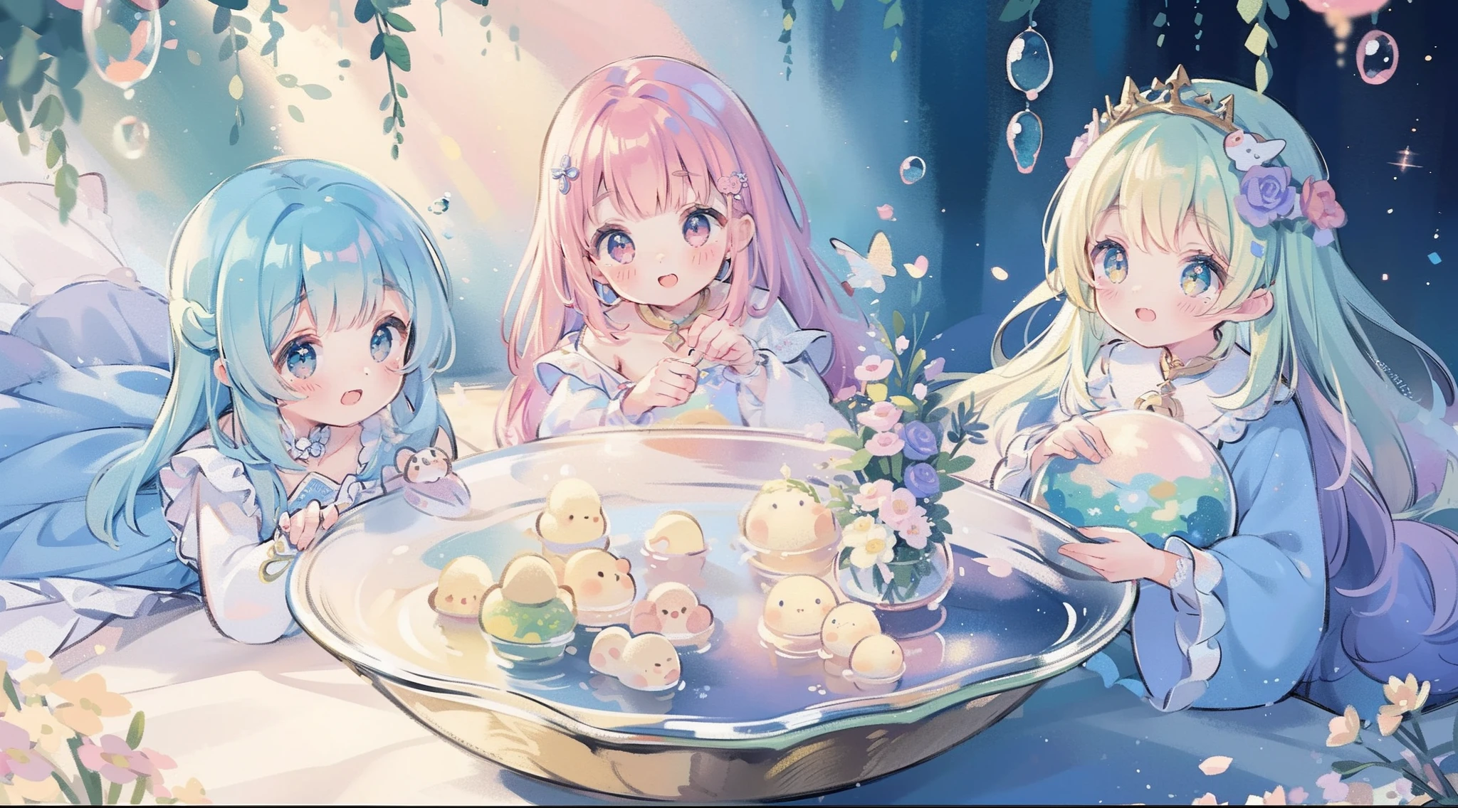 masterpiece, best quality, 8k resolution, sharp focus, intricate detail, beautiful 3girls, sparkling eyes, golden ratio face, otherworldly liquid, watercolor, pastel colors, bright colors, whimsical, colorful, sharp focus, high resolution, fine detail, ((layered tiered puffy long sleeves ballgown)), ((round eyes)), iridescent bubbles, fantasia background
