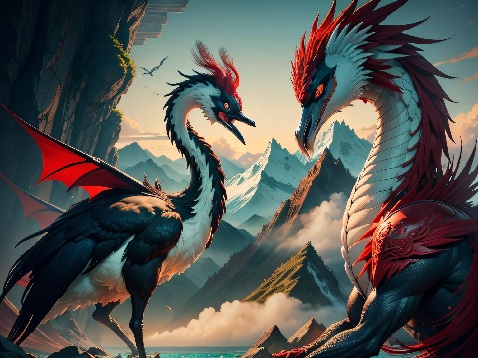 Chinese mythical creatures，Inspired by the Classic of Mountains and Seas，Red-crowned crane with a dragon's head