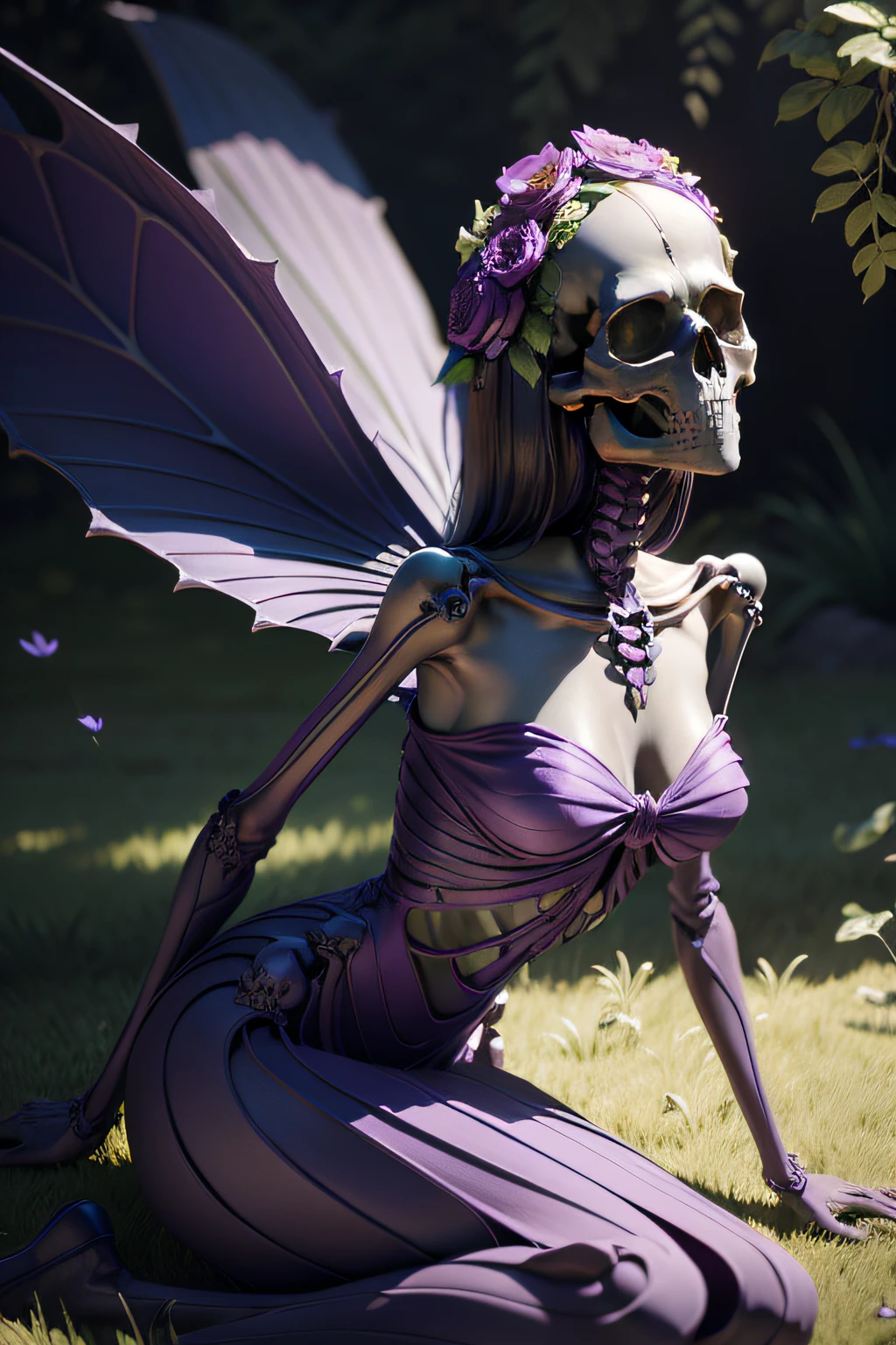 The Alafard skeleton in a purple dress sits on the green lawn, fantasy style 8 k octane render, (rendering by octane) Fantasy style, beautiful octane render, polycount contest winner, art nouveau octane render, stylized as a 3d render, Digital painting. rendering by octane, super rendered in octane render, Fleshy skeleton, rendering by octane