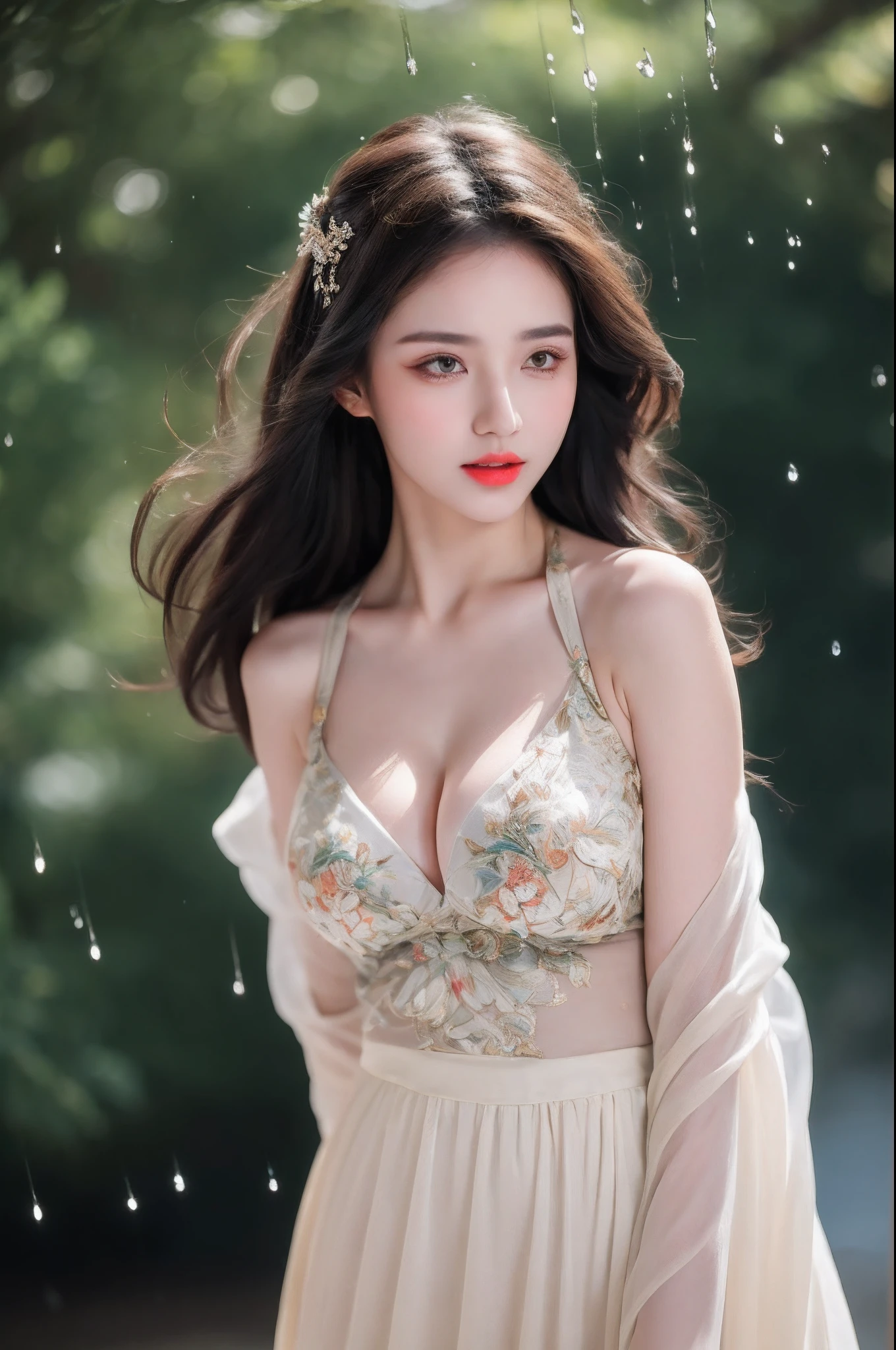 ((Best Quality, 8k, Masterpiece: 1.3)), Focus: 1.2, Perfect Body Beauty: 1.4, Buttocks: 1.2, ((Layered Haircut)), (Wet Clothes: 1.1), (Rain, Street:1.3), (Breasts: 1.2), (Hanfu: 1.2), Bare Shoulders, Bare Legs, Highly Detailed Face and Skin Texture, Fine Eyes, Double Eyelids, Whitened Skin, Long Hair, (Shut Up: 1.5), (Bokeh Background: 1.5), Big Breasts