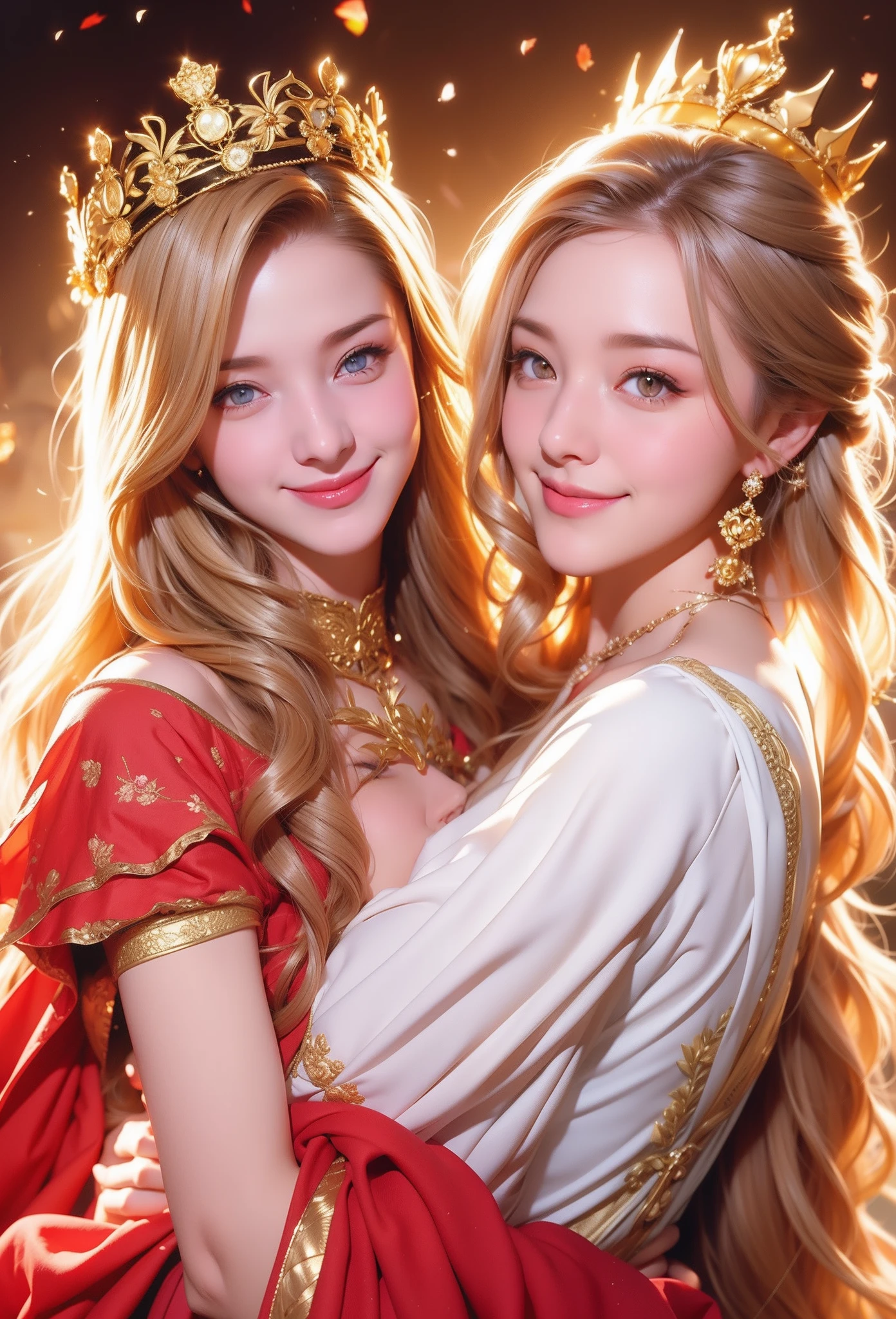 Only the smile of 2 cute girls、duo,Golden eyes、Golden hair、full of roses、crowns、