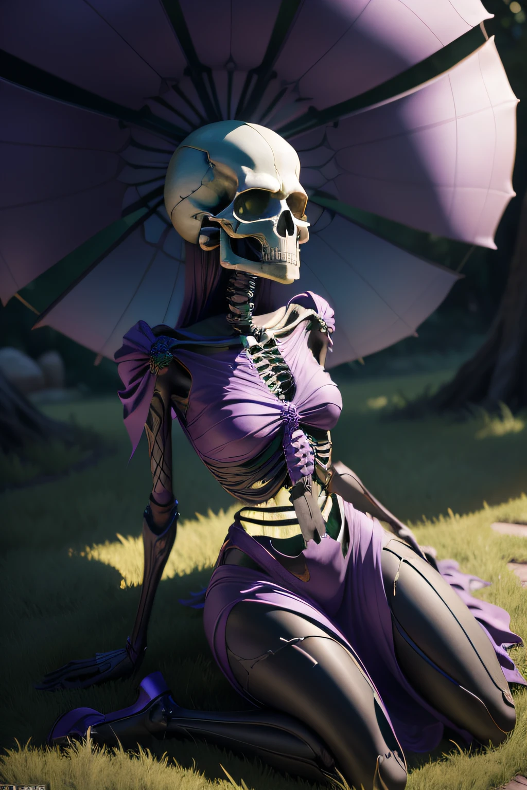 The Alafard skeleton in a purple dress sits on the green lawn, fantasy style 8 k octane render, (rendering by octane) Fantasy style, beautiful octane render, polycount contest winner, art nouveau octane render, stylized as a 3d render, Digital painting. rendering by octane, super rendered in octane render, Fleshy skeleton, rendering by octane