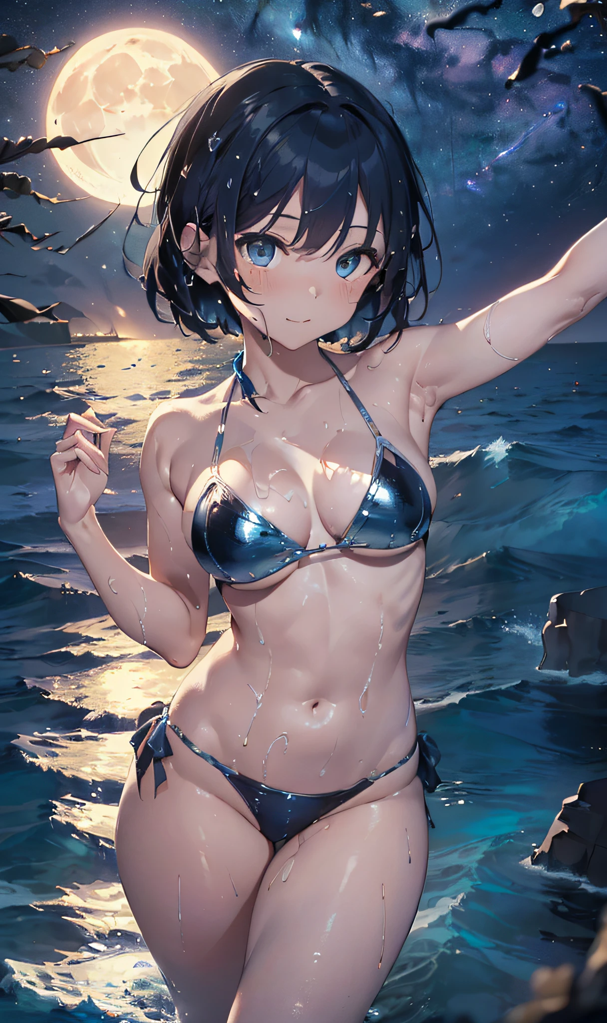(Master masterpiece、The ultra -The high-definition、extremely fine and beautiful、Ultra-high power of 8 kilometers:2)、(Girl getting wet:1.4)、(looking at another:2)、(Clarity Metallic Blue Bikini:2)、(Transparent skin:1.6)、(short tail hair:1.8)、(Beautiful eyes:1.8)、、(Nominal body type)、(Glamorous:1.4)、(musculature:1.4)、(Thin thighs:1.6）、(Thin leg:1.6)、(A smile)、perfectly proportions，Correct anatomy、Good anatomy、(Moon and Milky Way:1.6)、(Dynamic Angle:1.6)、(sexypose:1.8)、(the ocean at night:1.6)
