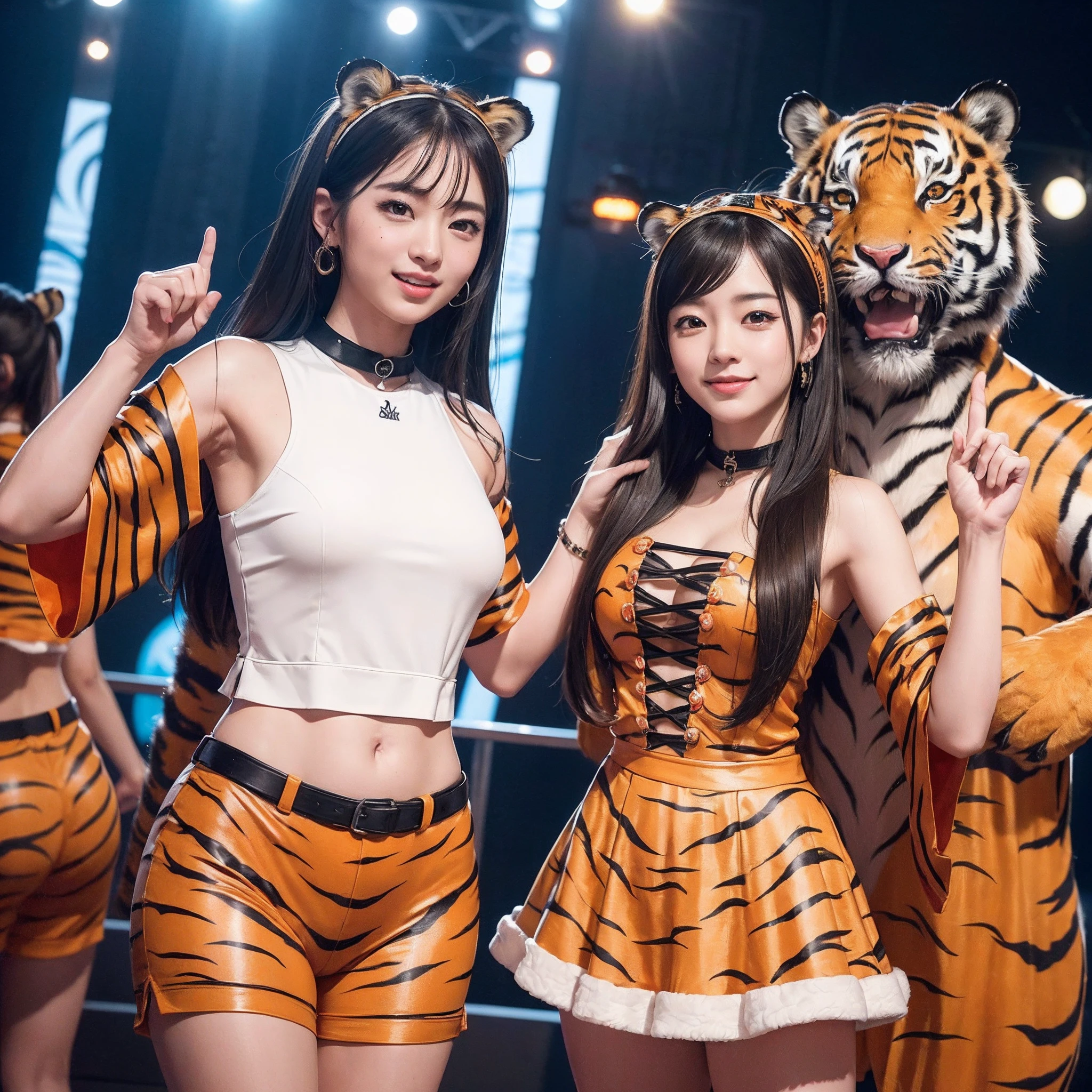 (8K、RAW Photos、top-quality、​masterpiece:1.5)、(realisitic、Photorealsitic:1.5)、ultra-detailliert、超A high resolution、lighting like a movie、(((Idols who love tigers)))、(((Japan  girls)))、(((Wearing a cute costume with a tiger motif)))、(Lots of tigers:1.5)、cute smile face、Happy and energetic atmosphere、dynamic ungle、动态照明