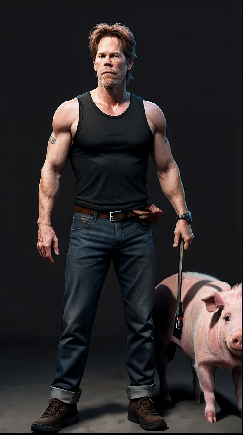 Kevin Bacon with a pig body, wrapped in bacon, concept art, 4k