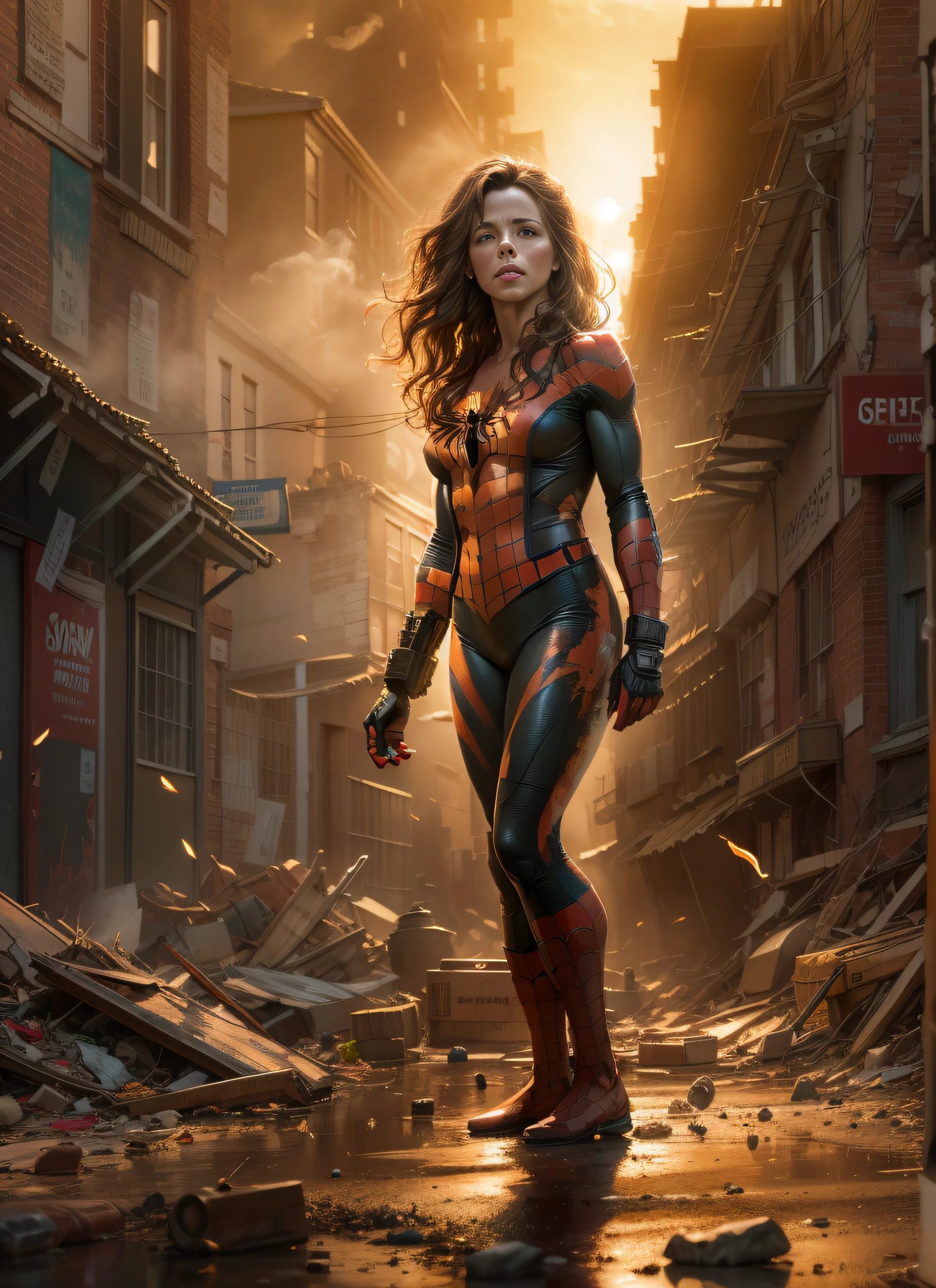 Kate Beckinsale in detailed brown Spider-Man costume, large breasts, superhero pose, standing in ruined city at sunset, hyperdetailed, smoke, sparks, sunbeams, (8k), realistic, symmetrical, award-winning, cinematic lightning, soaked, film, 75mm, scratches, full body shot, close-up, torn and dirty clothes, detailed face,