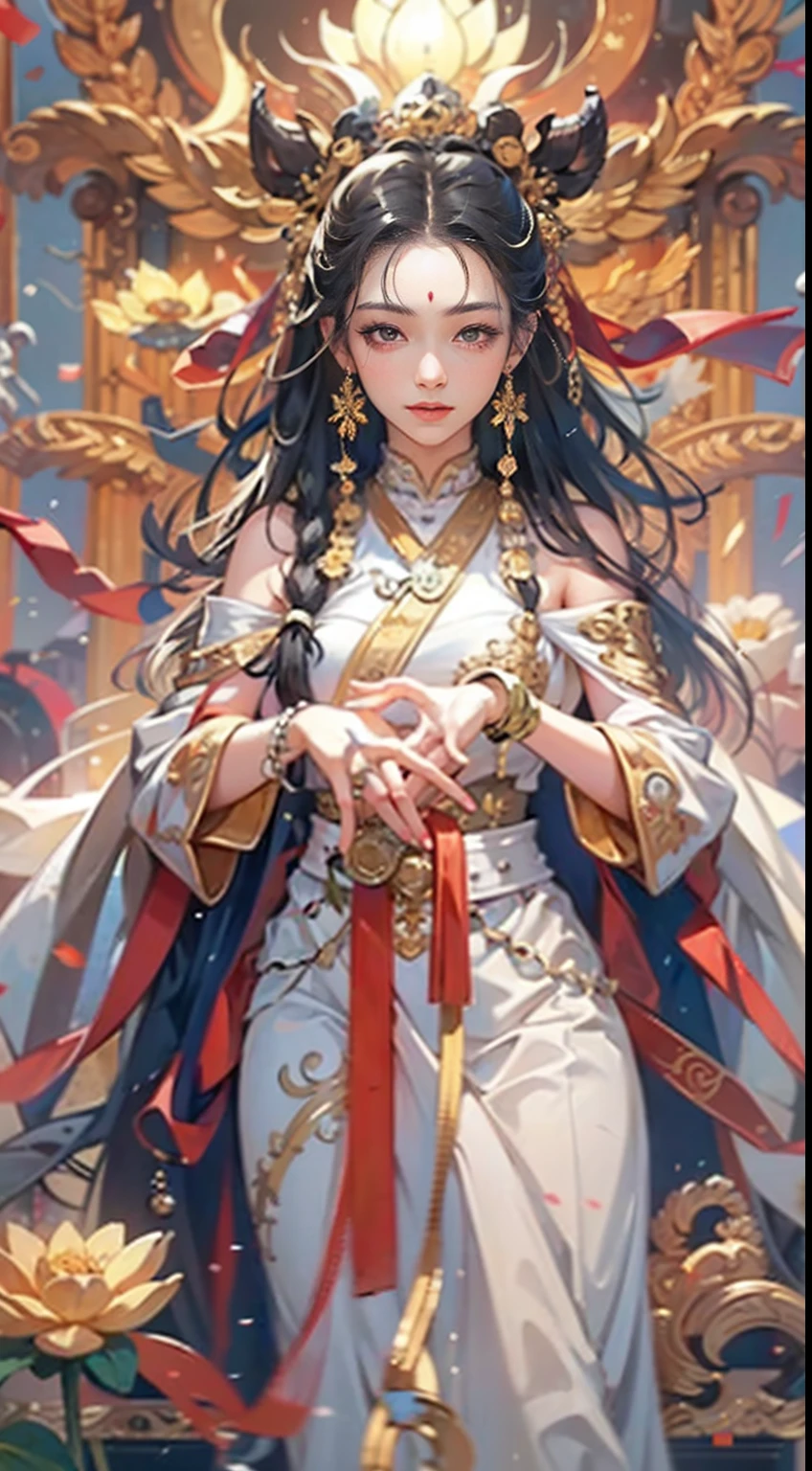 (Chinese immortals), (Buddhism), Multip_Hands,(mythological stories), (bodhisattva), She sits on a lotus, (Three hands on the left,Three hands on the right, Each hand holds a different Buddhist vessel, left right symmetry),(Delicate and beautiful face), (White silk robe)sitting on a lotus flower, Frontal photo,Light smile, neo-classical, OP Art, Chiaroscuro, Cinematic lighting, god light, Ray tracing, character sheets, projected inset, first person perspective, hyper HD, Masterpiece, ccurate, Textured skin, Super detail, High details, High quality, Award-Awarded, Best quality, A high resolution, Delicate and perfect facial features,美丽细致的眼睛,long eyelasher,Delicate eyeliner,almond eyes,Beautiful lip details,8K high-definition,anatomy correct,Oil painting thick painting style