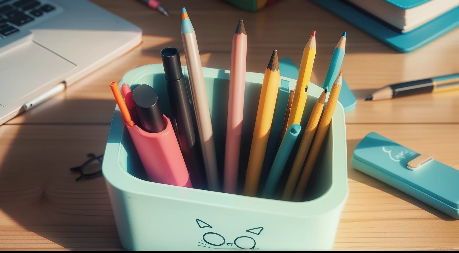 an open pencil case on the table, a pencil highlighted outside the box, an animated character in the shape of a pencil