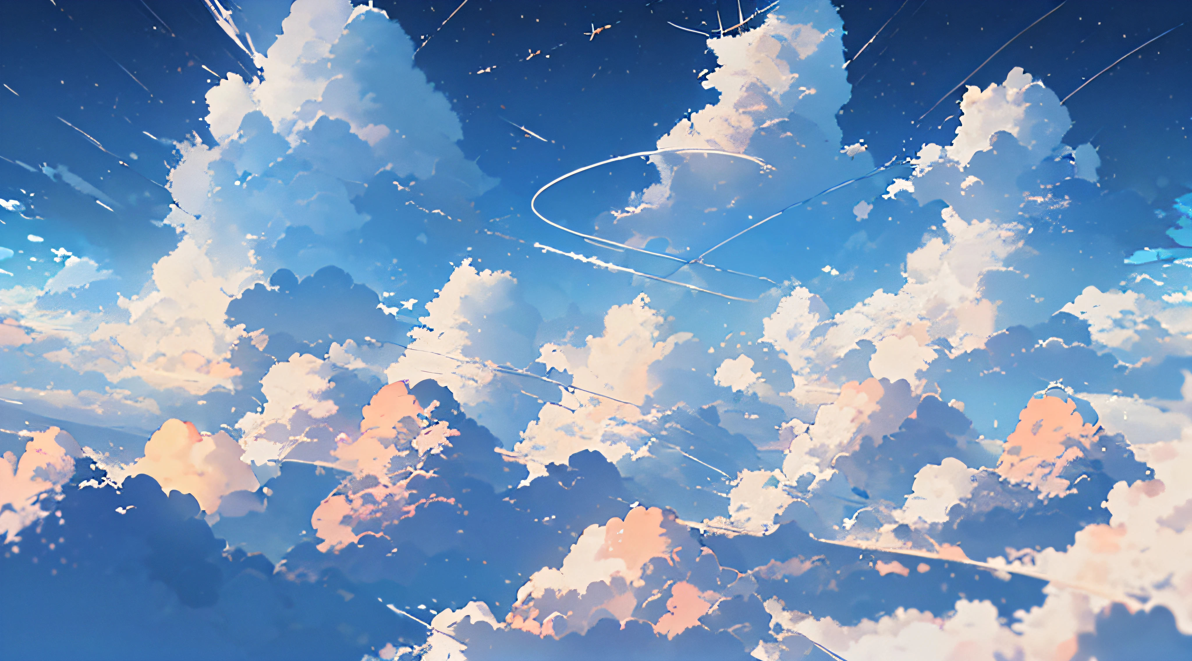 Anime-style scenery、No humans、Skysky、clouds、blue-sky, Skysky, Above the clouds, The landscape, A high resolution, (tmasterpiece: 1.4), ultra-detailliert, girls in the distance, the space, afloat, ,(best qualtiy),8K,, (((Anime style, quadratic element, Simple Color Scheme))) ,((((Emphasis on image quality, top-quality, 8K, masterpiece, Ultra High Resolution)))),