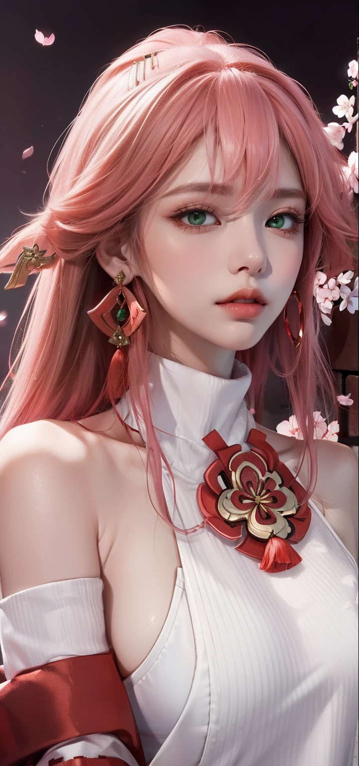 (Masterpiece, Excellent, 1girl, solo, complex details, color difference), realism, ((medium breath)), off-the-shoulders, big breasts, sexy, Yae Miko, long pink hair, red headdress, red highlight, hair above one eye, green eyes, earrings, sharp eyes, perfectly symmetrical figure, choker, neon shirt, open jacket, turtleneck sweater, graffiti, dim lighting, alley, ((mean, seductive, charming)), ((autumn background))), ((Japanese park background)))), (((luminous background))), (dynamic pose), (bend at the waist, bend down and look at viewer:1.1), tulle, bare shoulders, blooming flower fields, radiant skin, faint smile, sexy, bust, no breast cover, naked, cocked ass, tummy look
