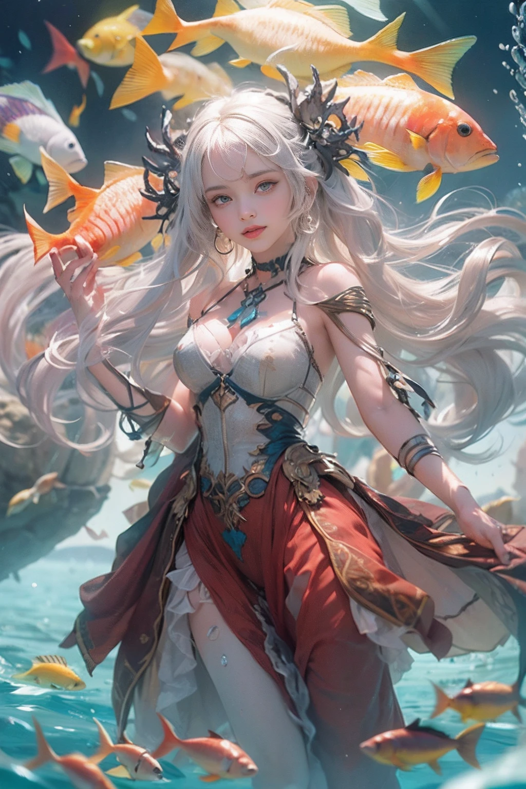 (Highest quality authentic textured skin),(abyssal),(Fine, Round, Symmetrical eyes),Delicate facial features,(Burning bright and cold eyes),(She has a mischievous smile on her face),(Her face is gentle and beautiful),Glass earrings on the ears,,(Blonde hair),(silvery white hair),(Maroon hair),(Swim at the bottom of the sea),(Full body portrait:1.5),(Dramatic photo:1.4),(dramatic pose),(flamboyant photo)(facing up),(Looking down),(Around her neck hangs a simple necklace of exquisite craftsmanship),A messy painting,(Hair flows in water:1.5),(Underwater, Marine life, Beautiful coral reef, Fish),(Vortices and tidal currents in the background),(Dramaticlight),(Magnificent scene),(Surrounded by beautiful fish),In the distant background is a temple submerged in a coral reef,the reef,Epic realism,Cinematic feeling,(high-density imaging review:1.5),(Soft color:1.2),Ultra detailed,Dramaticlight,(intricately details:1.1),the complex background,