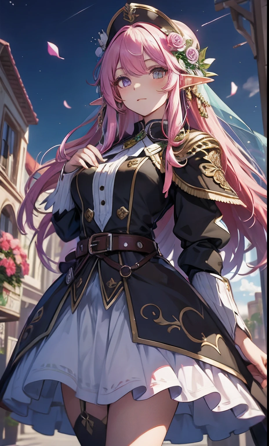 best qualityer,tmasterpiece,Ultimate resolution,downy,Extremely colorful,Colorful,western regions,elf girl, Dancer,pink hairbl,dress costumes,flowers in hair, veils,Normal posture