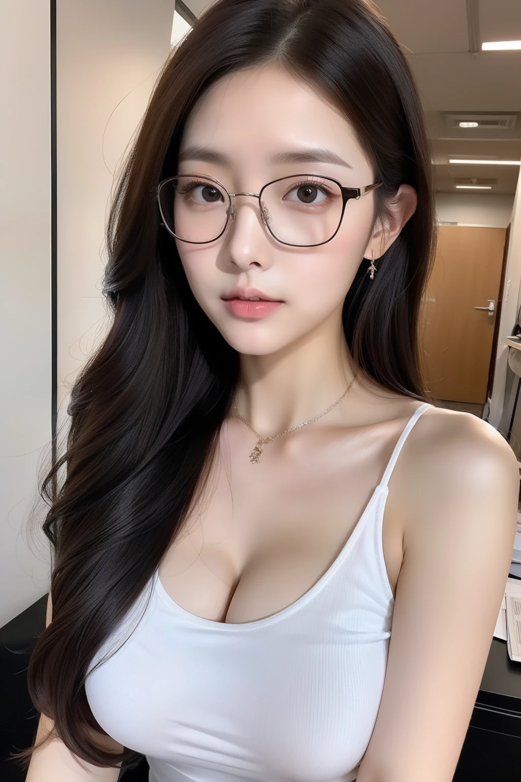 Pretty girl in the office，Big breasts:1.5，24 years of age，Korean female，Low-cut dressing，Delicatemakeup，prettyeyes，Sexy pose, long leges:1.3, prettyeyes, Stand, detailface, With glasses，At work