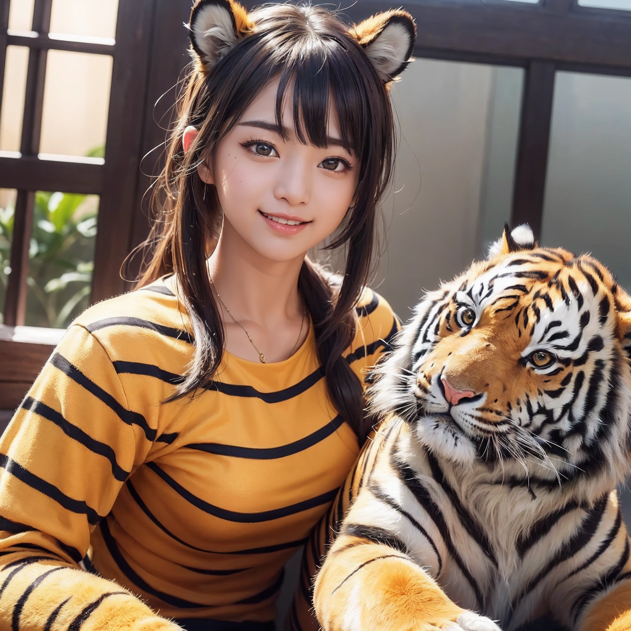 (8K、RAW Photos、top-quality、masterpiece:1.5)、(realisitic、Photorealsitic:1.5)、ultra-detailliert、超A high resolution、lighting like a movie、(((Idols who love tigers)))、(((Japan 16 year old girls)))、(((Wearing a cute costume with a tiger motif)))、(A lot of tigers:1.5)、cute smile face、Happy and energetic atmosphere、dynamic ungle、动态照明