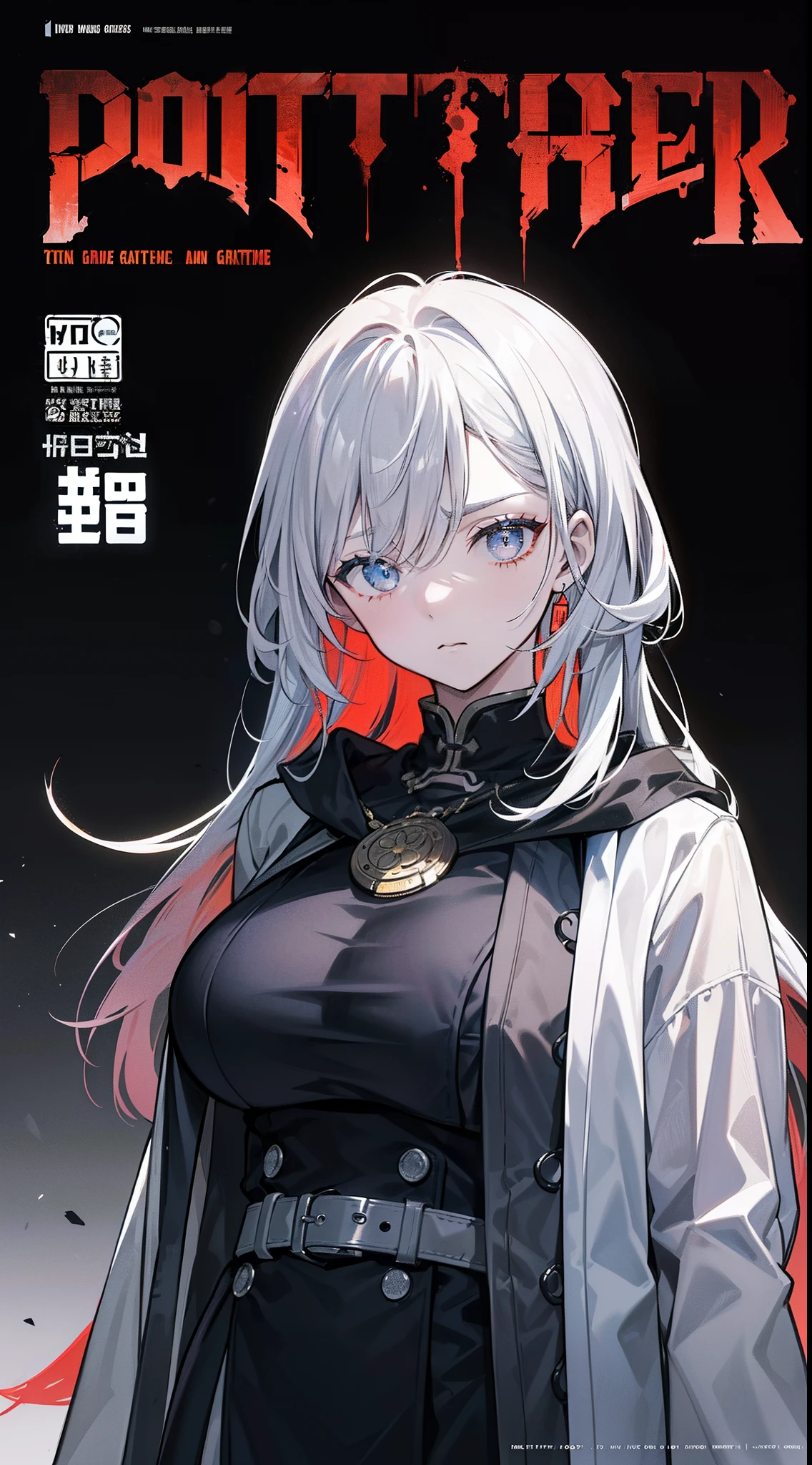 A once-in-a-millennium masterpiece, A photo that can never be taken again, Absurd high resolution, (Expressionless), (Red tears flow from the eyes:1.2), vampire, woman, Silver Hair, Red eyes, Big eyes that draw you in, White clothes, Red dyed clothes,There are red spots all over, Red from the mouth,Cowboy Shot、From above、Tabletop、White sweater,( change)Moderate, Separate Color,bs shoulder, Blushed,(Gray Hair), White Gloves,White boots,dirty,Torn clothes,Clothing that shows blood:1.3),, ((((dramatic))), (((Grainy))), (((intense))) film poster featuring a young platinum white hair woman as the central character. She stands have confidencely in the center of the poster, wearing a stylish and edgy Harajuku-inspired hip hop Costume, with a determined Performance on her face. The background is aesthetic atmospheric dark and Grainy, With danger and tension. The article is bold and to attract attention, with a Catchy tagline that adds to the overall feeling of drama and excitement. The color palette is mainly dark with splashes of Vibrant neon colors, giving the poster a dynamic and visually impressive appearance,tachi-e (magazine:1.3), (cover-style:1.3), fashionable, woman, Vibrant, Costume, Sexy seductive poses, front, colorful, dynamic, background, element, have confidence, Performance, Holding, statement, accessories, Majestic, Coiled, The surrounding area, touch, scene, article, cover, bold, to attract attention, title, stylish, font, Catchy, Heading, big, impressive, Modern, trend, concentrated, fashion,