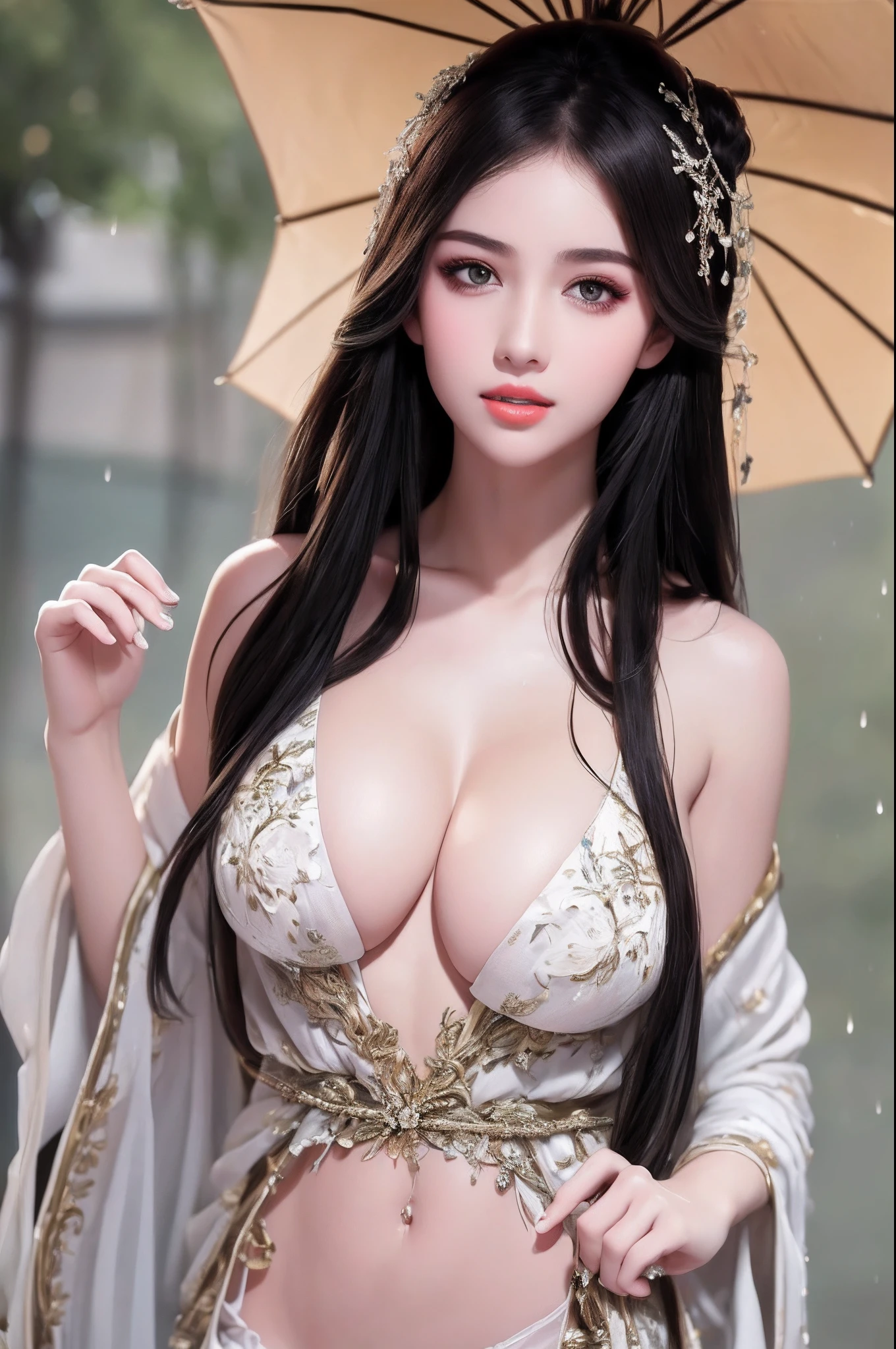 ((Best Quality, 8k, Masterpiece: 1.3)), Focus: 1.2, Perfect Body Beauty: 1.4, Buttocks: 1.2, ((Layered Haircut)), (Wet Clothes: 1.1), (Rain, Street:1.3), (Breasts: 1.2), (Hanfu: 1.2), Bare Shoulders, Bare Legs, Highly Detailed Face and Skin Texture, Fine Eyes, Double Eyelids, Whitened Skin, Long Hair, (Shut Up: 1.5), (Bokeh Background: 1.5), Big Breasts