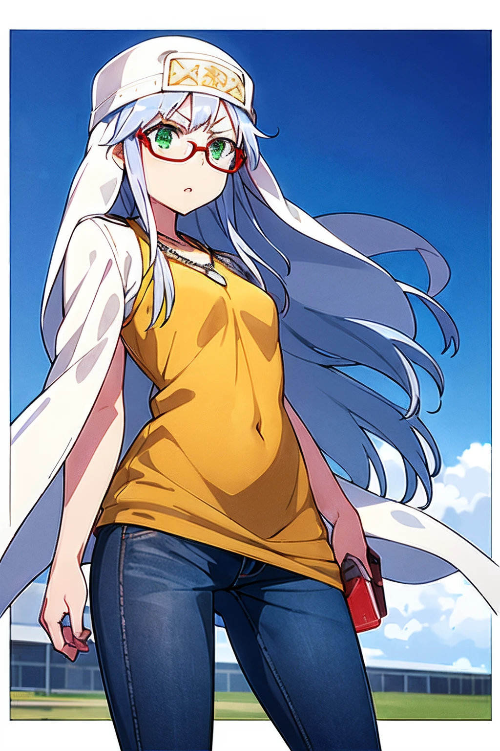 masterpiece, 1girl, index \(toaru majutsu no index\), cute, (red military dress:1.1), green eyes, silver hair, veil, standing, arms crossed, angry eyes, outside, pouting, bright, anime, highly detailed, (teen:0.9), baseball hat:0.9, denim pants:0.9, necklace:0.9, hold a milk box:0.9, heartbelt:0.9, blue-(framed eyewear:1.2), ((tall)), outdoor