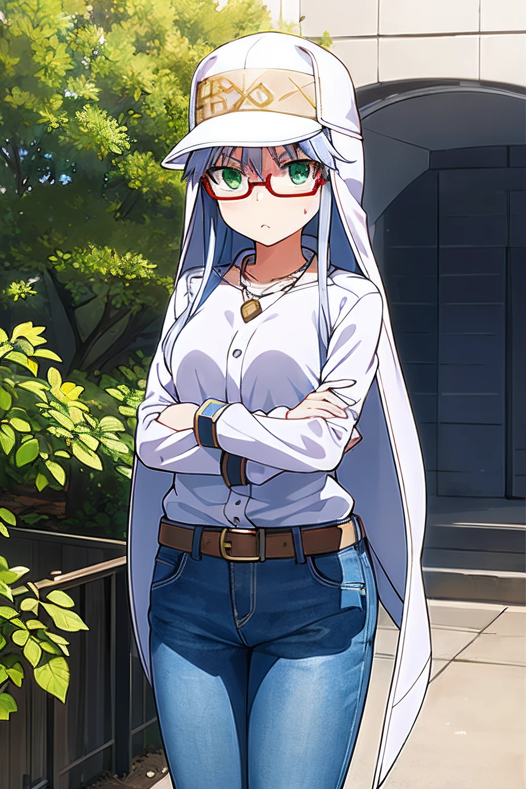 masterpiece, 1girl, index \(toaru majutsu no index\), cute, (red military dress:1.1), green eyes, silver hair, veil, standing, arms crossed, angry eyes, outside, pouting, bright, anime, highly detailed, (teen:0.9), baseball hat:0.9, denim pants:0.9, necklace:0.9, hold a milk box:0.9, heartbelt:0.9, blue-(framed eyewear:1.2), ((tall)), outdoor