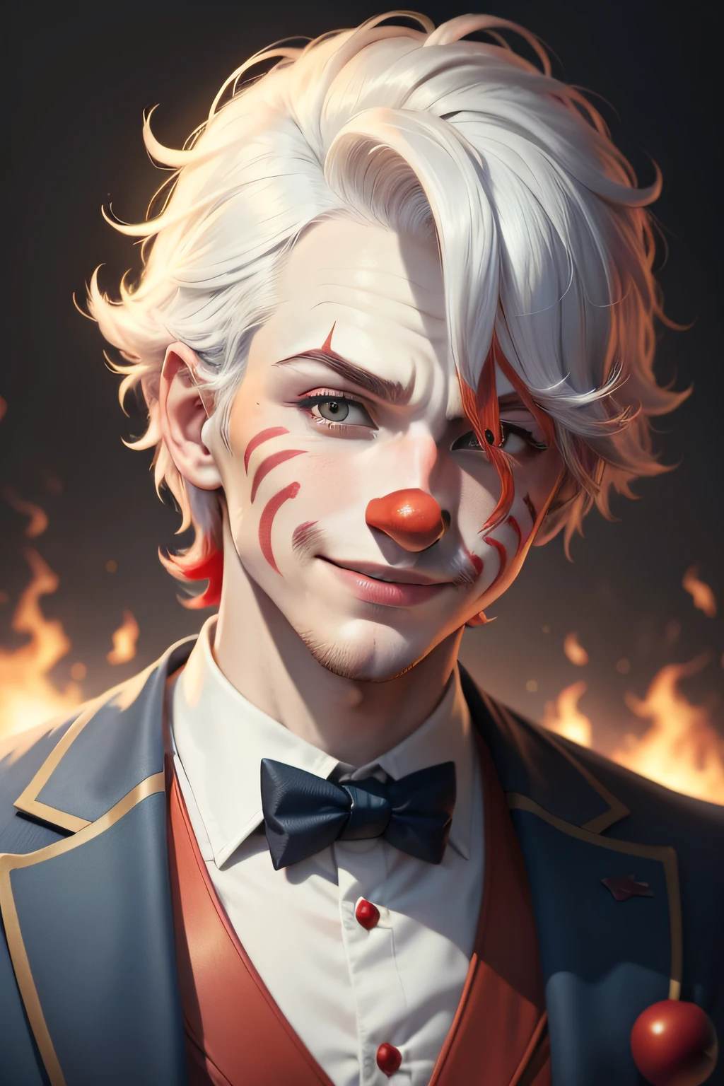 Clown avatar，Close-up of the head，ember，Wallpapers，Handsome youth，Young gentleman，The color hair，Hair has gradient color，white business suit，white backgrounid，Red round nose of the clown，Clown's mouth，ssmile，Bunched hair