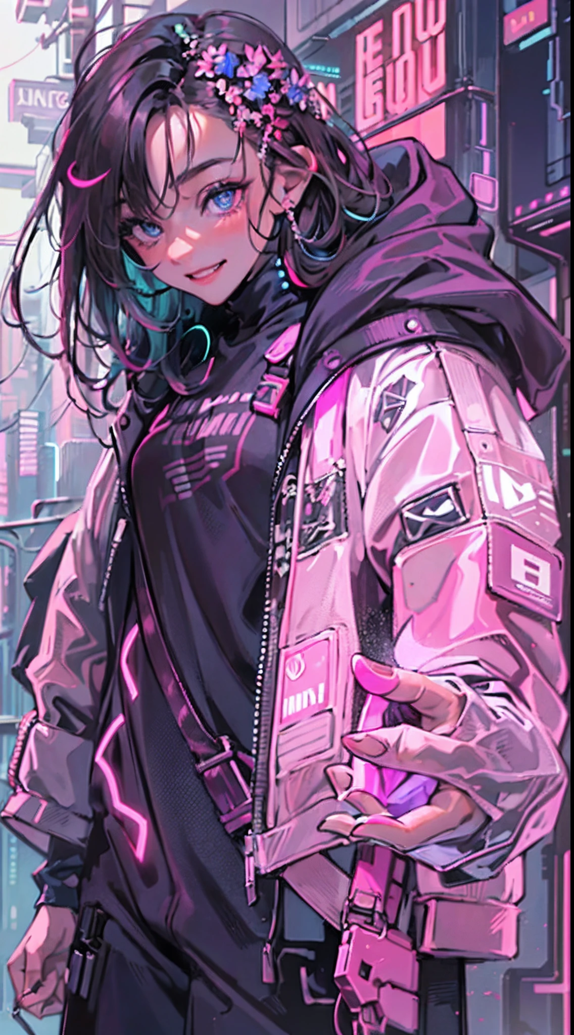 1male people、(a handsome man:1.4)、(confident grin:1.2)、(30-years old)、(A dark-haired)、(Military armament all over the body)、(Top image quality)、(8K picture quality)、(cyberpunked)、(masutepiece)、(Wearing a military uniform with a shiny cyberpunk hood)、(confident grin:1.2)、(Full body photo)、(An excessive amount of glowing flowers fly:1.5)、cinematric light, Cinema Shadow, Sharp Image, Extremely detailed, Volumetric, Bright sprites, particles effect, beautiful effects, Vivid colors, neons, (Pink neon light:1.5), Highly detailed image textures, detailed hairs, Detailed face, Detailed eyes, Full body photo, city、Dark hair、Sparkling red aura、Photo from the knee up、beautiful effects, Vivid colors, Highly detailed image textures, detailed hairs, Detailed eyes,(Cyberpunk cityscape:1.5)、