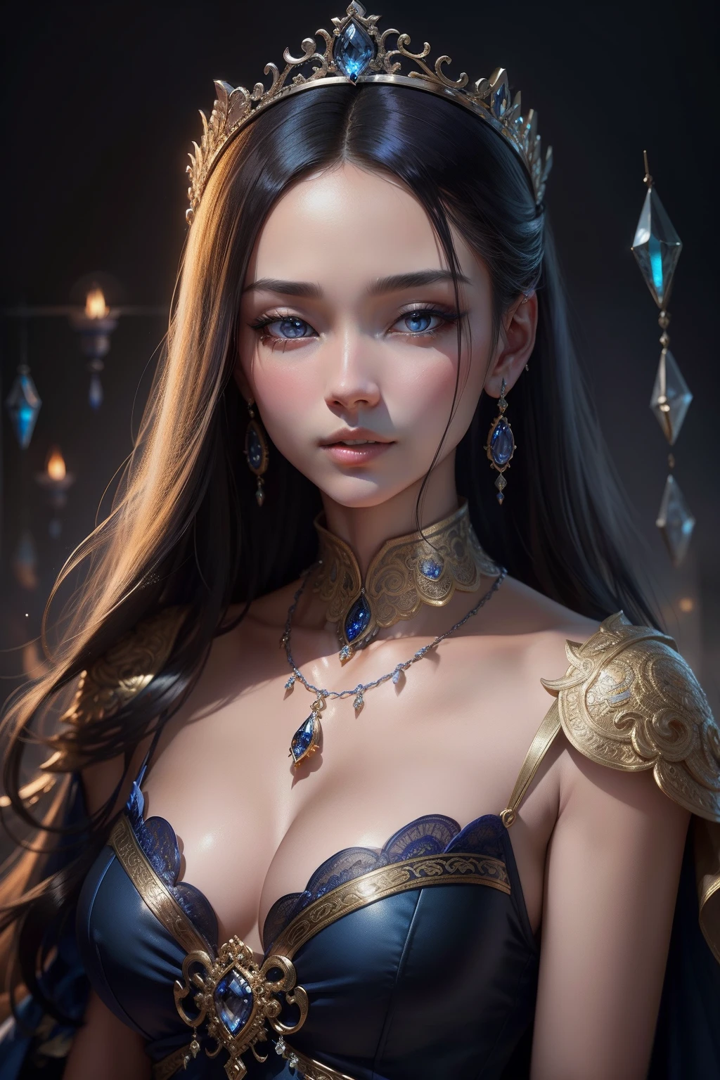 Wearing a blue dress、Chinese antique women's necklaces and necklaces, empress, Lovely princess, goddes, Beautiful spirit, beautiful fantasy maiden, beautiful fantasy portrait, beautiful fantasy art portrait, a beautiful fantasy empress,Black hair, renaissance autumnal, ((a beautiful fantasy empress)),There is a necklace，Close-up of the ring，Blue gemstones are surrounded by blue sapphires, carved from sapphire stone, silver and sapphire, jewelry photography, detailed jewelry, beautiful detailed elegant, detailed jewellery, sapphires, exquisite fine details, ornate with diamonds, The masterpiece is intricate and elegant, elegant and ornate, a jewellery design, ultra detailed 16k, ornate and elegant, rendered in keyshot，of gorgeous women
