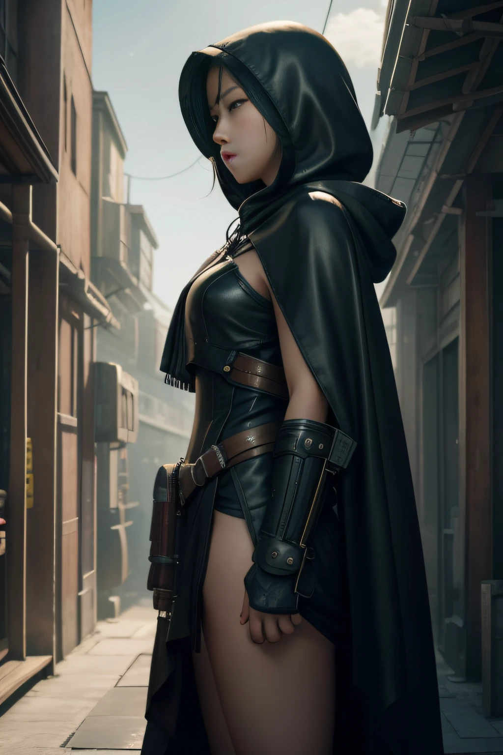 1 girl, young, 16 years old, Asian, full body from head to toe, realistic, realistic face, worried, looks over shoulder, side lighting, desktop wallpaper, side view, futuristic steampunk buildings in background , Long cape and hood, ground floor, outdoors,