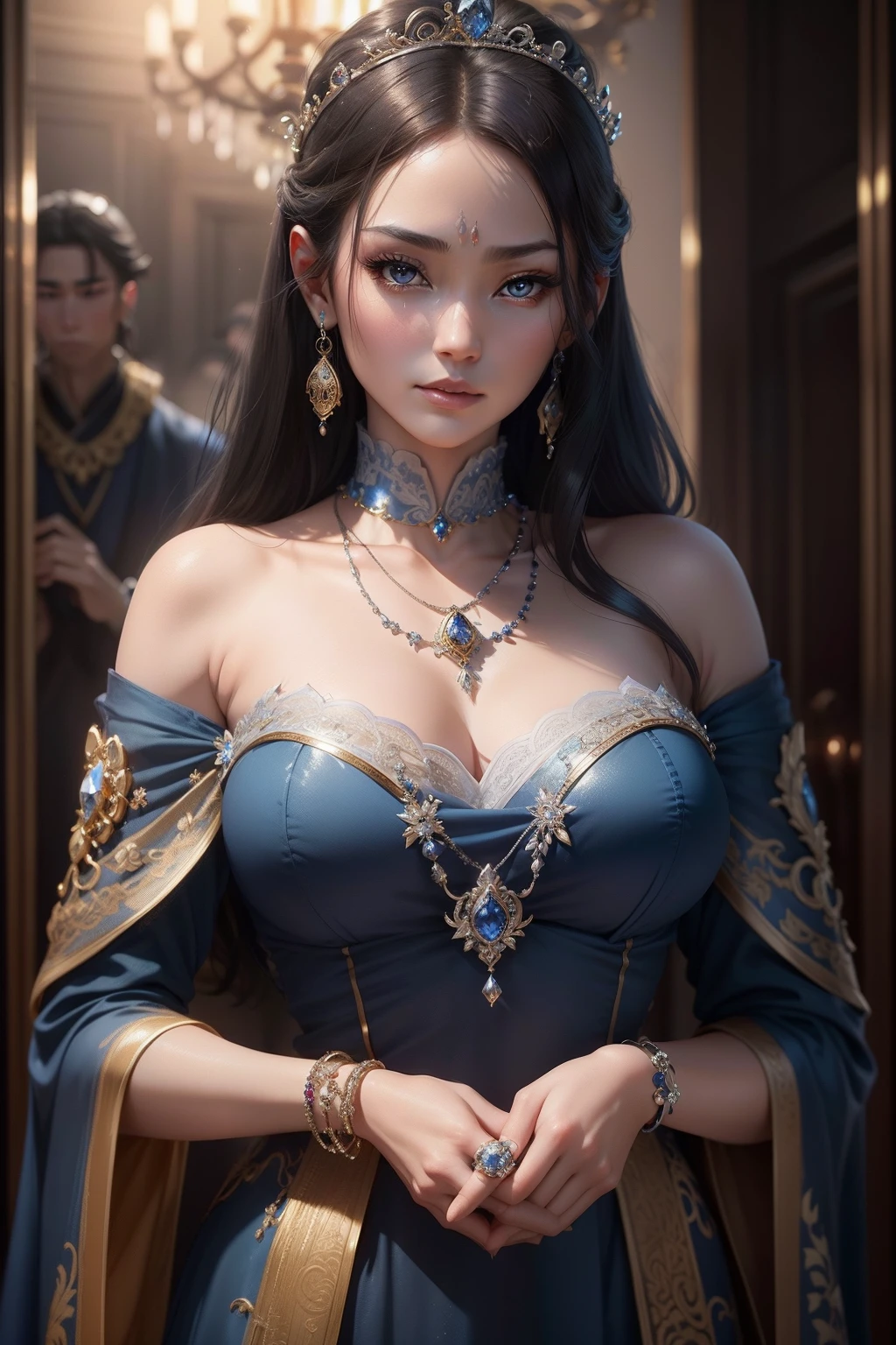 Wearing a blue dress、Chinese antique women's necklaces and necklaces, empress, Lovely princess, goddes, Beautiful spirit, beautiful fantasy maiden, beautiful fantasy portrait, beautiful fantasy art portrait, a beautiful fantasy empress,Black hair, renaissance autumnal, ((a beautiful fantasy empress)),There is a necklace,Close-up of the ring,Blue gemstones are surrounded by blue sapphires, carved from sapphire stone, silver and sapphire, jewelry photography, detailed jewelry, beautiful detailed elegant, detailed jewellery, sapphires, exquisite fine details, ornate with diamonds, The masterpiece is intricate and elegant, elegant and ornate, a jewellery design, ultra detailed 16k, ornate and elegant, rendered in keyshot,of gorgeous women