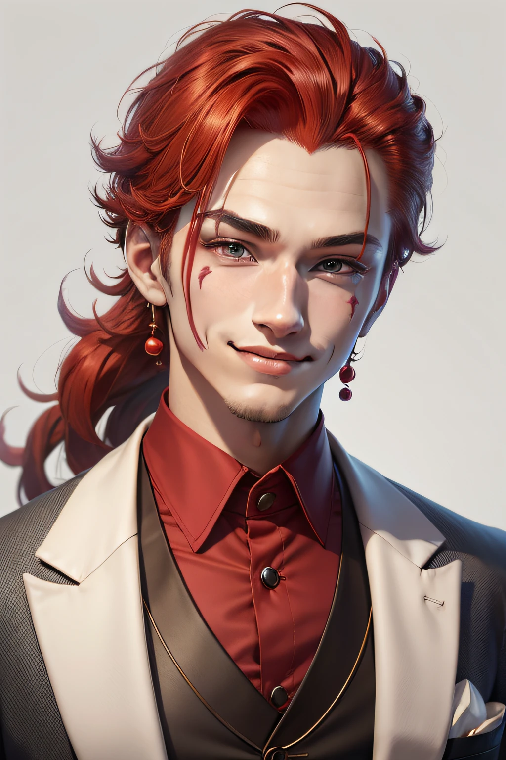 Clown avatar,Close-up of the head,ember,Wallpapers,Handsome young man in China,Young gentleman,年轻,Handsome,The color hair,Hair has gradient color,white business suit,white backgrounid,Red round nose of the clown,Clown's mouth,ssmile