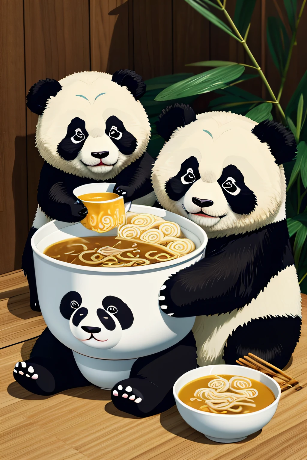 (Parent panda eating cup ramen with baby panda)、I don't need people、Mexican decoration、syrup、
(Vector Flat)、gold、brack、
masterpiece、超A high resolution、hightquality