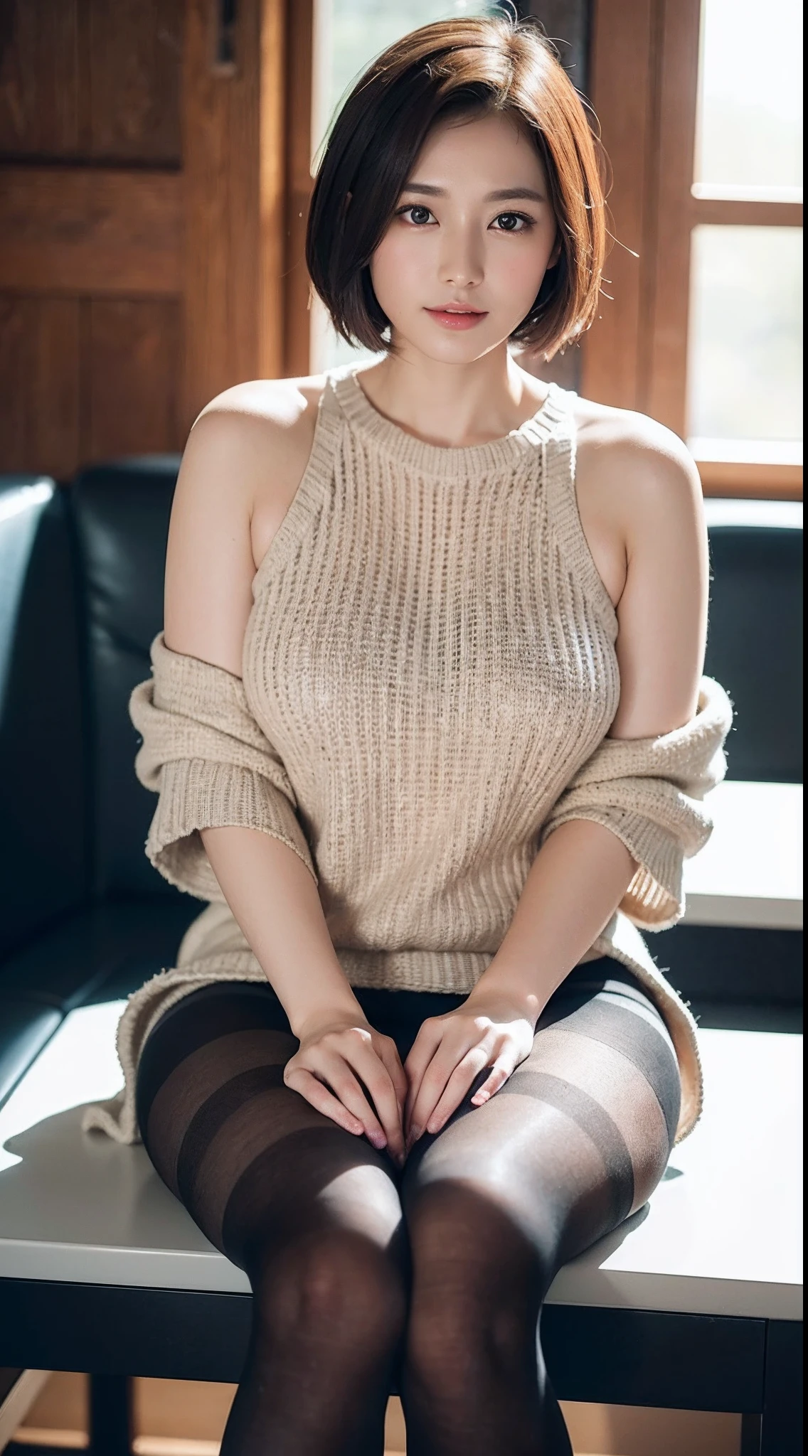face is :9,3492120809], Naive 33-year-old wife、Wearing a knitted dress that clearly shows the body line、(Wearing pantyhose,Realistic Pantyhose)、thighs thighs thighs thighs、Sitting on a chair in an open café、Height 156 cm, slightly chubby figure、Japanese Models, Short Layer Hair、A smile、Smile、japanaese girl, Neat and clean Japan woman, goddess of Japan, Innocence、Raw photo, (in 8K、top-quality、​masterpiece:1.2)、(intricate detailes:1.4)、(Photorealsitic:1.4)、octane renderings、Complex 3D rendering ultra detail, Studio Soft Light, Rim Lights, vibrant detail, super detailing, realistic skin textures, Detail Face, Beautiful detail eyes, Very detailed CG Unity 16k wallpaper, make - up, (detailedbackground:1.2),　shinny skin、Exposed thighs!!!、