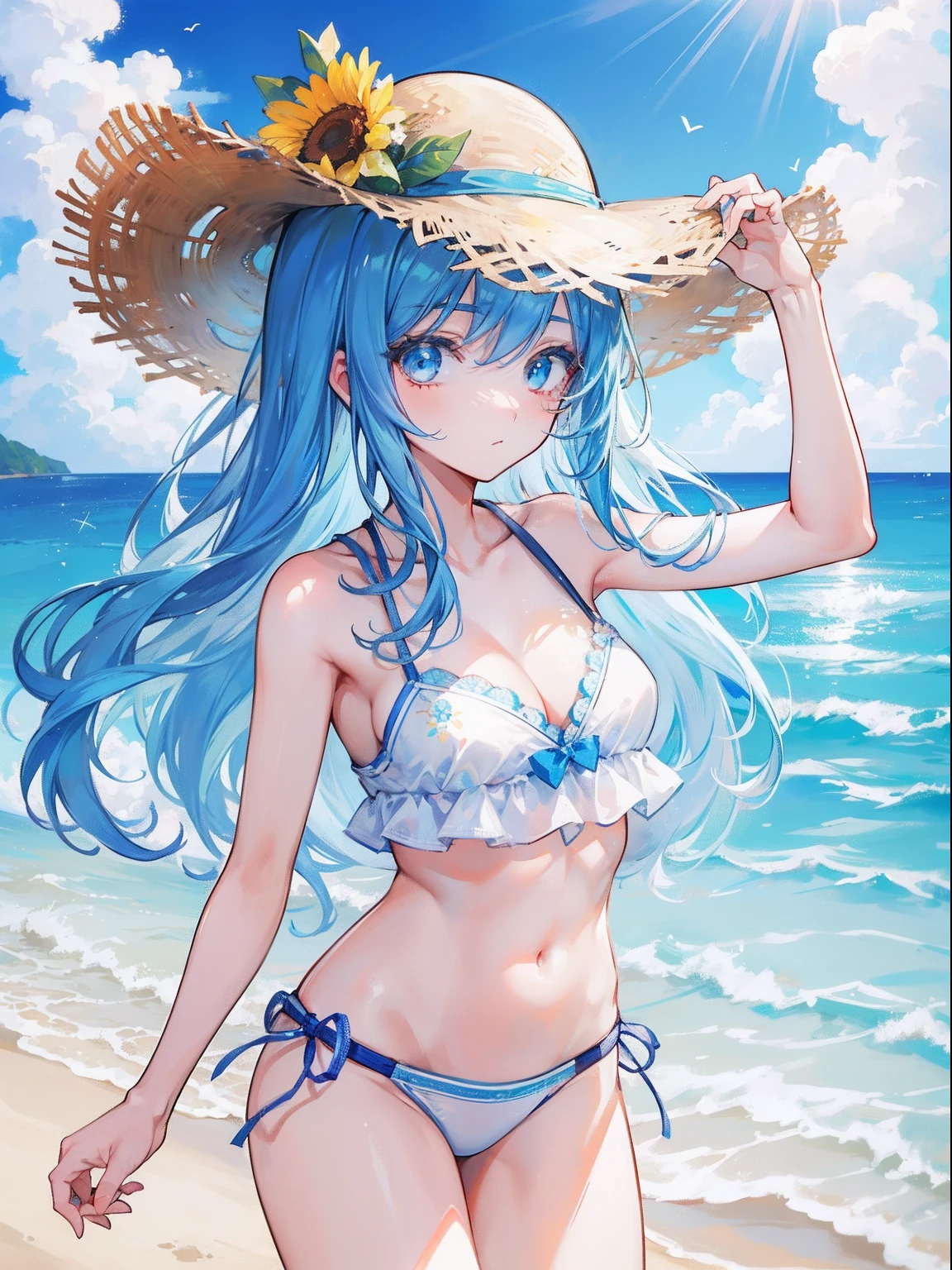 tmasterpiece,HighestQuali,1girll,lightblue hair,long whitr hair,blue color eyes,swim wears,nabel,Straw Hat Hat,florals,beachside,rays of sunshine