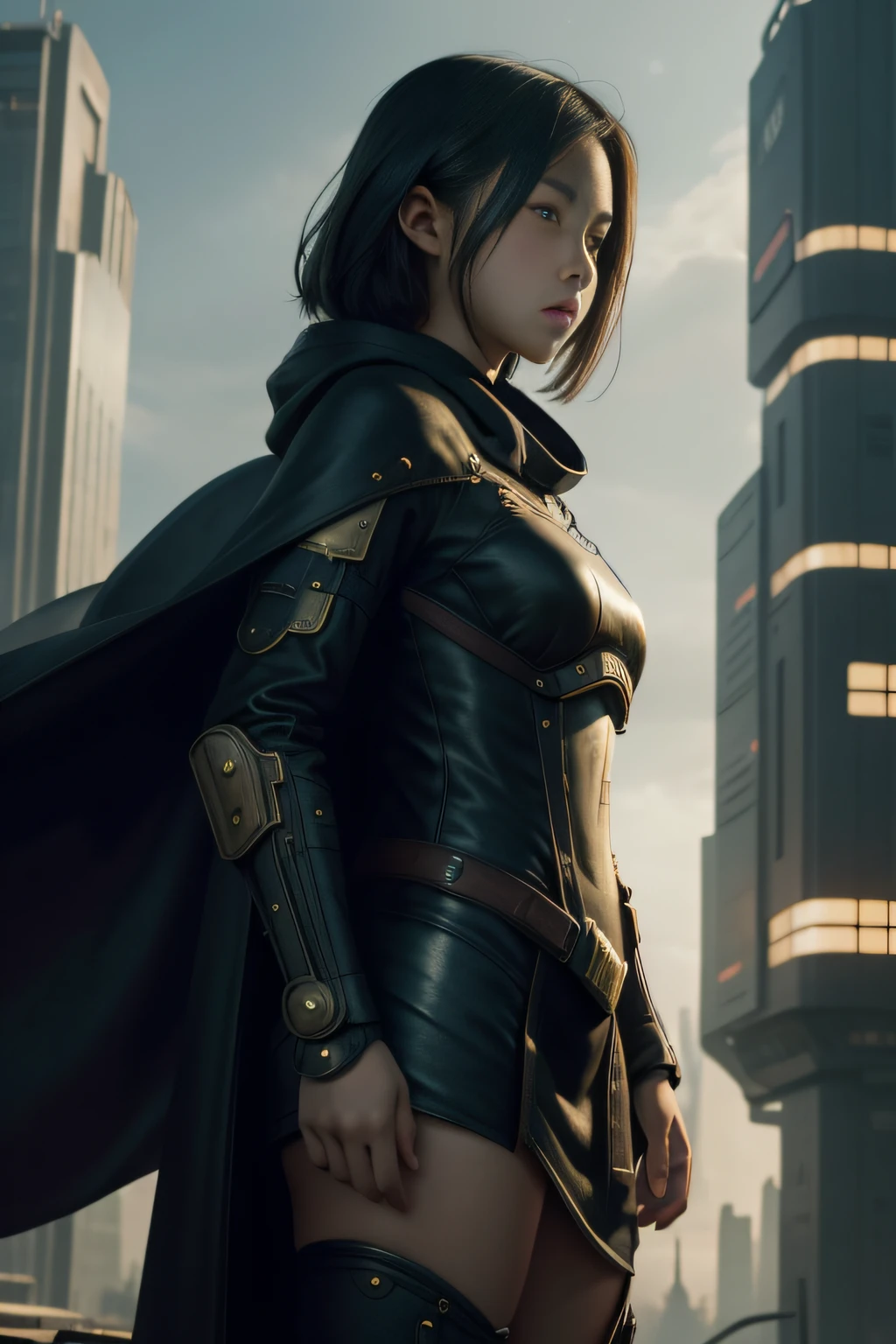 1 girl, young, , Asian, full body from head to toe, realistic, realistic face, worried, looks over shoulder, side lighting, desktop wallpaper, side view, futuristic steampunk buildings in background , Long cape and hood, ground floor, outdoors,