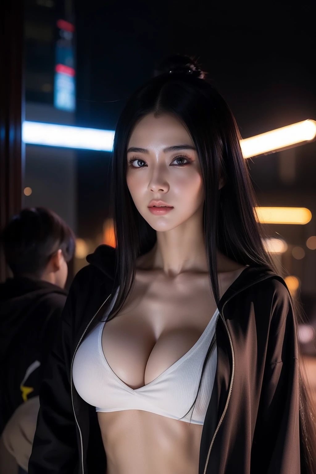 wearing black clothes,Anime girl with sword in hand, very beautiful cyberpunk samurai, Digital cyberpunk anime art, anime cyberpunk art, cyberpunk anime girl mech, cyberpunk anime girl, cyberpunk anime art, female cyberpunk anime girl, cyberpunk geisha, digitl cyberpunk - anime art, Cyberpunk Samurai, style of anime4 K, Badass anime 8 K, cyberpunk anime girl in hoodie, beautiful Korean women, Korean girl, Beautiful young Korean woman, Korean woman, Choi Hyun-hwa, korean women's fashion model, Sexy look, big breast, Sexy pose, show breasts, whaite hair