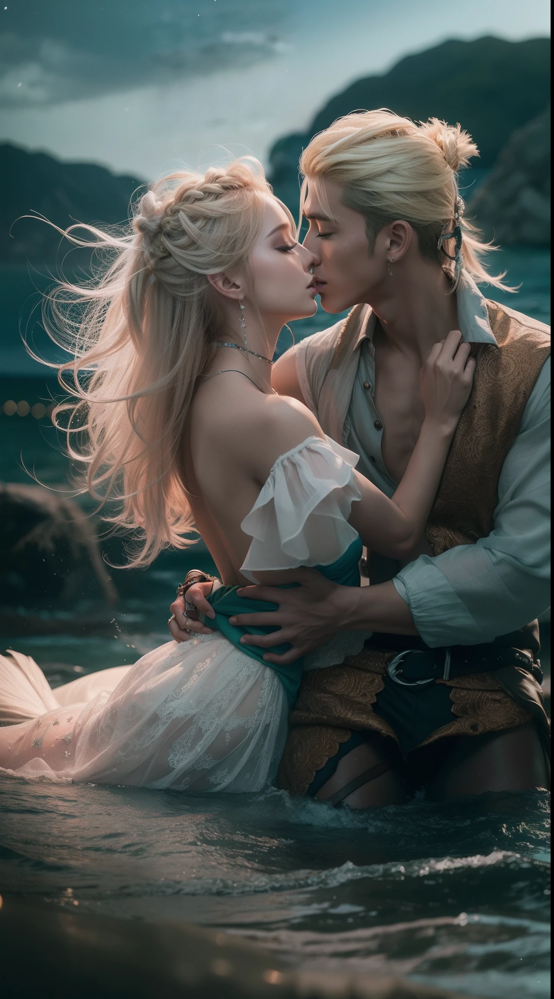 A pirate and a mermaid fall in love, unparalleled beauty, European blonde beauty, handsome Korean men (BTS), deserted island romance, starry sky, top quality, high quality, movie scene, photo reality, realism,