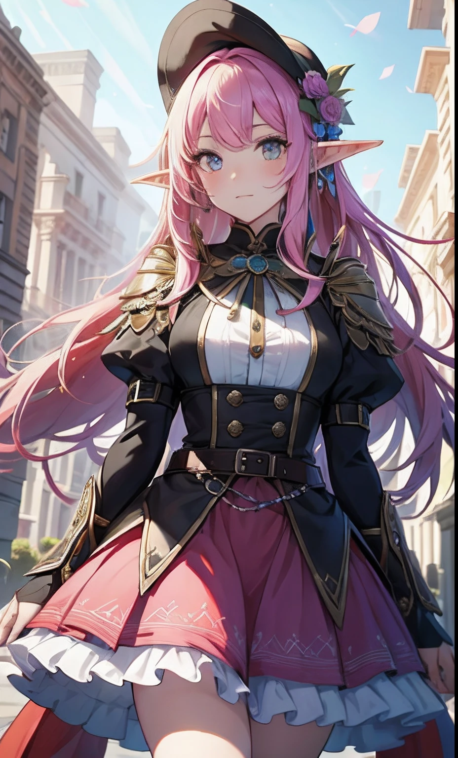 best qualityer,tmasterpiece,Ultimate resolution,downy,Extremely colorful,Colorful,western regions,elf girl, Dancer,pink hairbl,dress costumes,flowers in hair, veils,Normal posture