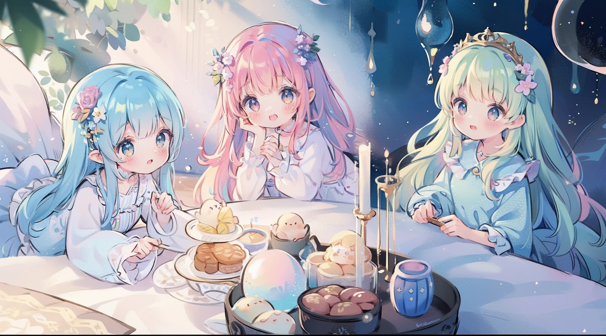 masterpiece, best quality, 8k resolution, sharp focus, intricate detail, beautiful 3girls, sparkling eyes, golden ratio face, otherworldly liquid, watercolor, pastel colors, bright colors, whimsical, colorful, sharp focus, high resolution, fine detail, ((layered tiered puffy long sleeves ballgown)), ((round eyes)), iridescent bubbles, fantasia background