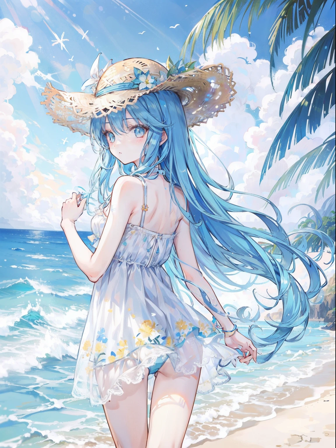 tmasterpiece，HighestQuali，1girll，lightblue hair，long whitr hair，blue color eyes，swim wears，nabel，Straw Hat Hat，florals，beachside，rays of sunshine