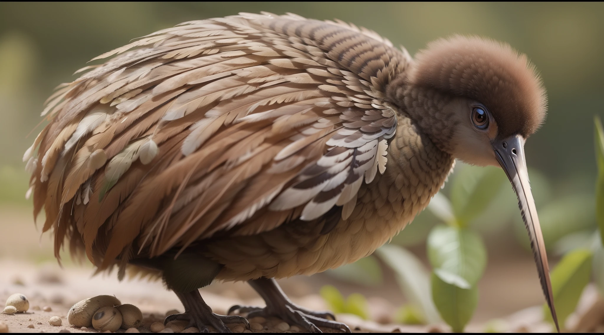 The feathers of a Kiwi bird are characterized by their coarse texture and earthy brown color. These feathers cover the bird's round body, providing insulation and protection. The Kiwi's feathers also extend to its relatively long legs, which are adapted for its terrestrial lifestyle. Its feathers help camouflage it in its natural habitat and are a vital part of its unique appearance.