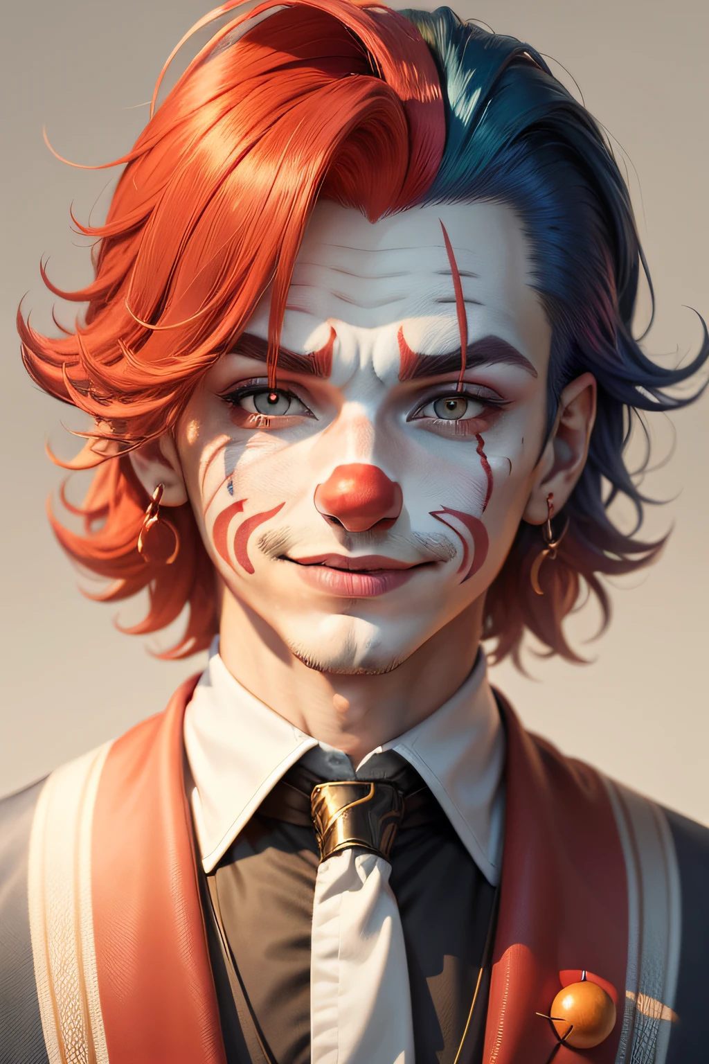 Clown avatar，Close-up of the head，ember，Wallpapers，Handsome youth，Pan，The color hair，Hair has gradient color，Dark green suit，white backgrounid，Red round nose of the clown，Clown's mouth，ssmile