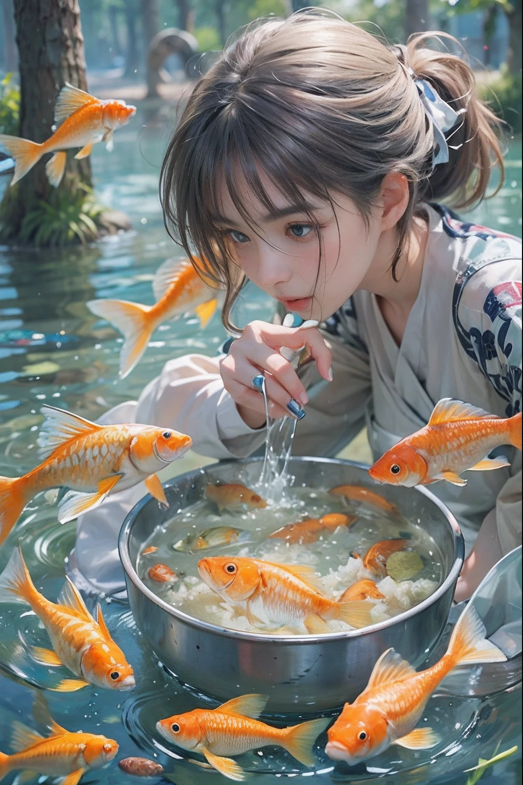 Beautiful girl playing with a bowl of water or fish, Gamine, is playing happily, Fish, swirling schools of silver fish, floating goldfish, Graphic illustration, see fishes swimming, Two hands reach for the fish, gold fish, amazing depth, adolable, inquisitive, beautiful Girl、Goldfish scooping, Good dance、Open-air nightclub, Silver hair, Split ponytail, Star-shaped pupils, conceptual art, Art Nouveau, Glowing light, hyper HD, Textured skin, Masterpiece, Anatomically correct, Best quality, 8K
